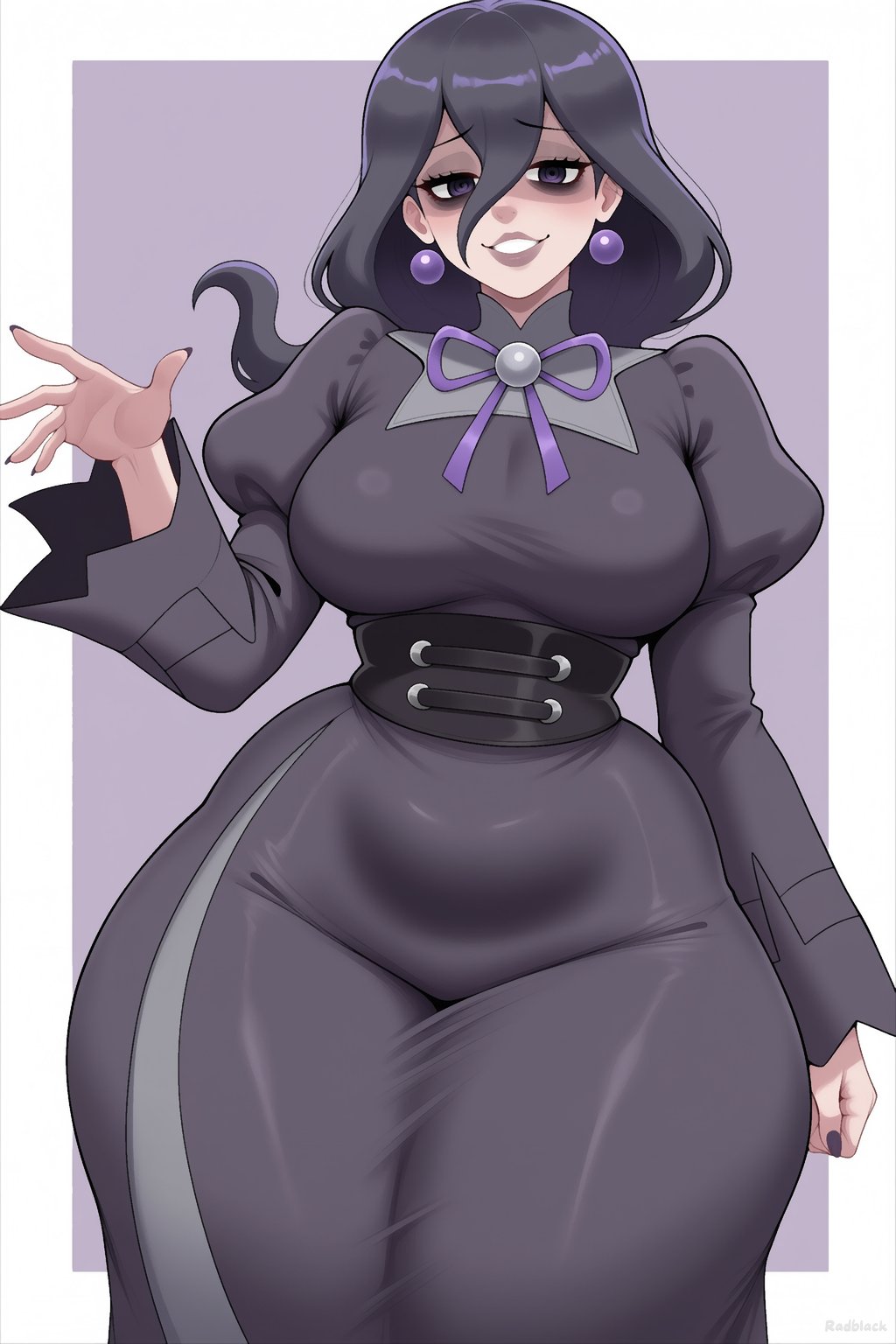 1girl, 1girls, ai generated, big breasts, black eyes, black hair, breasts, curvy, dress, earrings, hair between eyes, hex maniac, hex maniac (pokemon legends: z-a), jewelry, juliet sleeves, large breasts, long hair, long sleeves, looking at viewer, occult maniac, occult maniac (pokemon legends: z-a), occult maniac (pokemon), occult maniac (z-a), pokemon, pokemon legends: z-a, puffy sleeves, purple eyes, radblackai, smile, solo, striped, thick thighs, thighs, wide hips