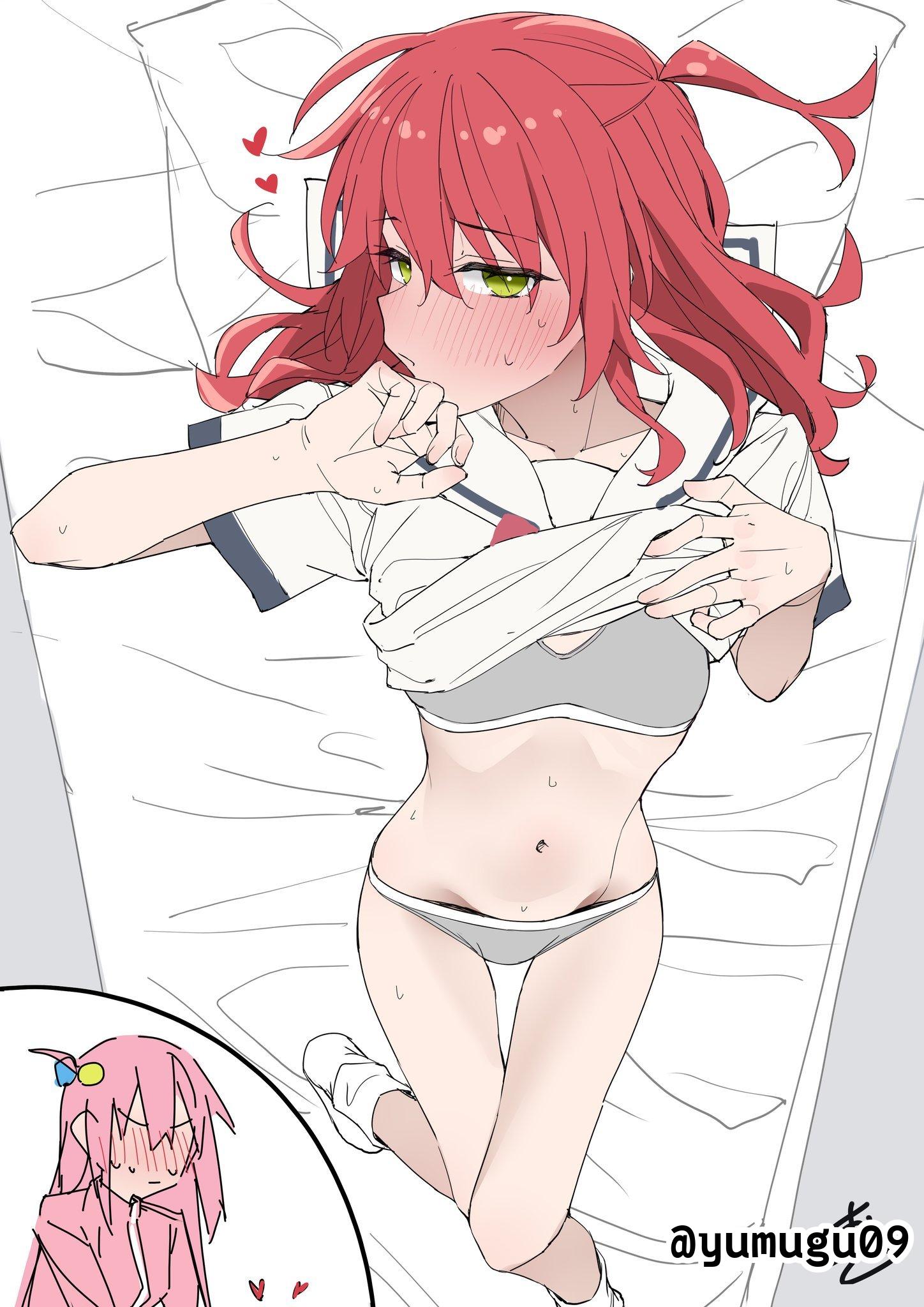 2d, 2d (artwork), 2d artwork, 2girls, anime, anime character, ashamed, asian, asian female, asian girl, bare belly, bare hands, bare hips, bare legs, bare midriff, bare navel, bare skin, bare thighs, bed, bed background, bed covers, bed setting, bed sheet, bedding, bedding background, bedsheets, belly, belly button, blush face, blush lines, blushing, blushing at viewer, blushing female, blushing lines, bocchi the rock!, bra, breasts, calves, clothes, clothes aside, clothes pull, clothes up, cloverworks, collarbone, digital, digital art, digital drawing, digital drawing (artwork), digital media, digital media (artwork), drawing, embarrassed, embarrassed expression, embarrassed female, embarrassed underwear female, exposed, exposed belly, exposed hips, exposed legs, exposed midriff, exposed navel, exposed skin, exposed thighs, exposing, exposing breasts, exposing chest, exposing self, eyebrows visible through hair, fanart, female, female focus, female only, female pov, female protagonist, fingers, first person perspective, first person view, flushed, flushed face, flustered, flustered female, from above, from front, front view, full body, full body view, gotou hitori, green eyes, green-eyed female, grey bra, grey panties, grey underwear, groin, hair between eyes, half naked, half nude, head tilt, high school student, high-angle shot, indoor, indoor background, indoor nudity, indoors, inguinal crease, inguinal ligament, interior background, japanese, japanese female, japanese girl, kita ikuyo, knee up, knees, knees up, lean figure, legs, long hair, looking at viewer, lying, lying down, lying on back, lying on bed, matching underwear, midriff, multiple females, multiple girls, naked, naked female, naked woman, narrow waist, navel, nude, nude female, nudity, on back, on bed, one side up, panties, partially undressed, petite, petite body, petite breasts, petite female, petite girl, petite tits, pillow, portrait, pov, pov female, presenting breasts, profile, red hair, red-haired female, revealing breasts, ribcage, ribs, school girl, semi nude, shirt, shirt aside, shirt pull, shirt up, shoulders, showing breasts, showing chest, skinny, skinny female, skinny girl, skinny waist, slender body, slender waist, slim female, slim waist, small boobs, small breasts, small tits, small waist, teen girl, teenage girl, teenager, thigh gap, thighs, thin female, thin waist, tilted head, tiny breasts, tiny tits, top view, topwear, topwear aside, topwear pull, topwear up, underwear, undressing, undressing self, viewed from above, viewer perspective, white bed, white bed sheet, white bedding, white pillow, wide hips, young female, young woman