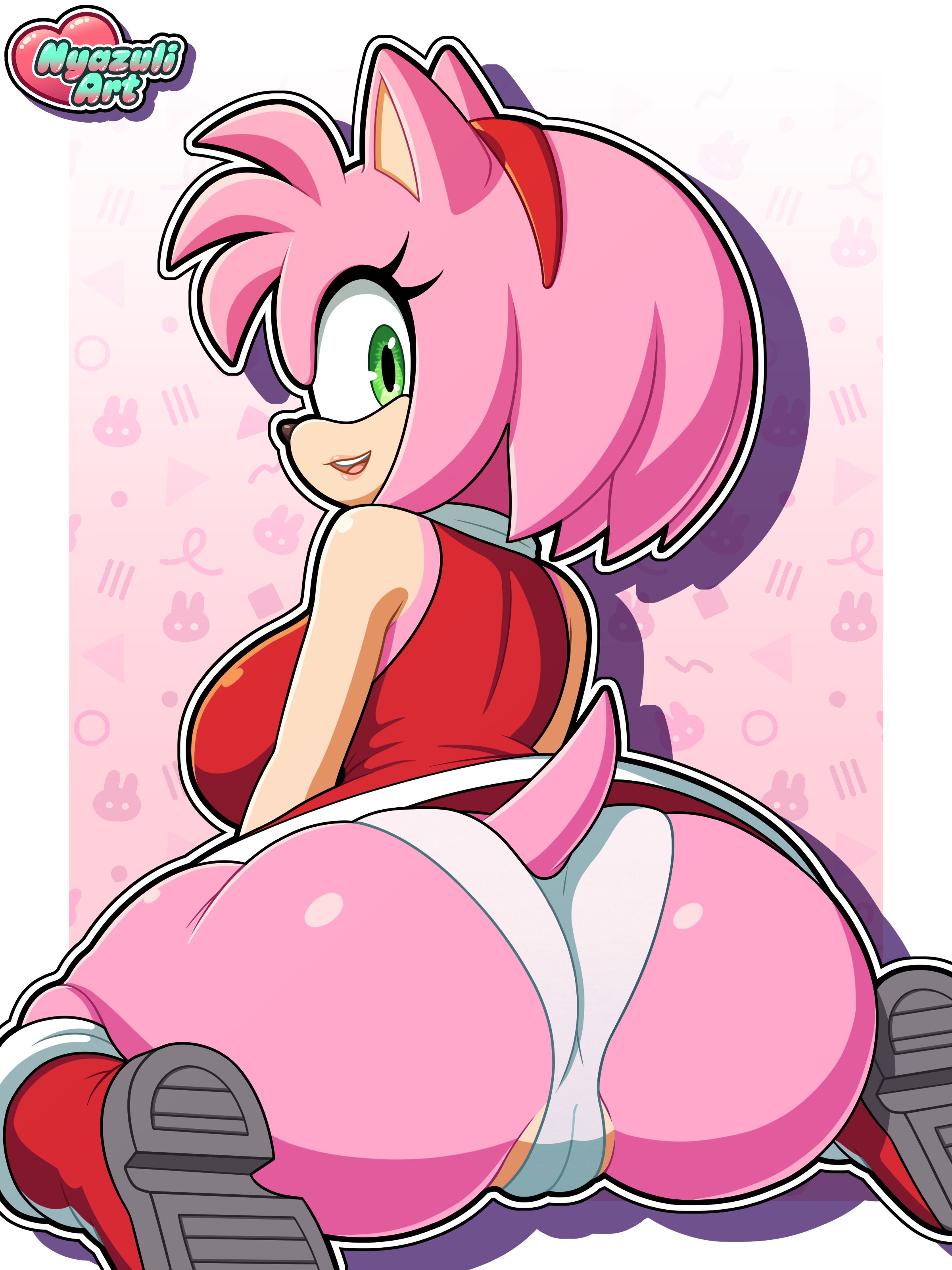 amy rose, ass, ass focus, ass squish, boots, breasts, cameltoe, hips, hips wider than shoulders, kneeling, large ass, legs apart, looking at viewer, looking back, nyazuliart, panties, pink body, pink fur, pink hair, pussy lips, red dress, shoes, shoulderless dress, shoulders, sitting, sleeveless, sleeveless dress, smiling, sonic (series), tail, thick thighs, thighs, thighs bigger than head, upskirt, white panties, wide hips