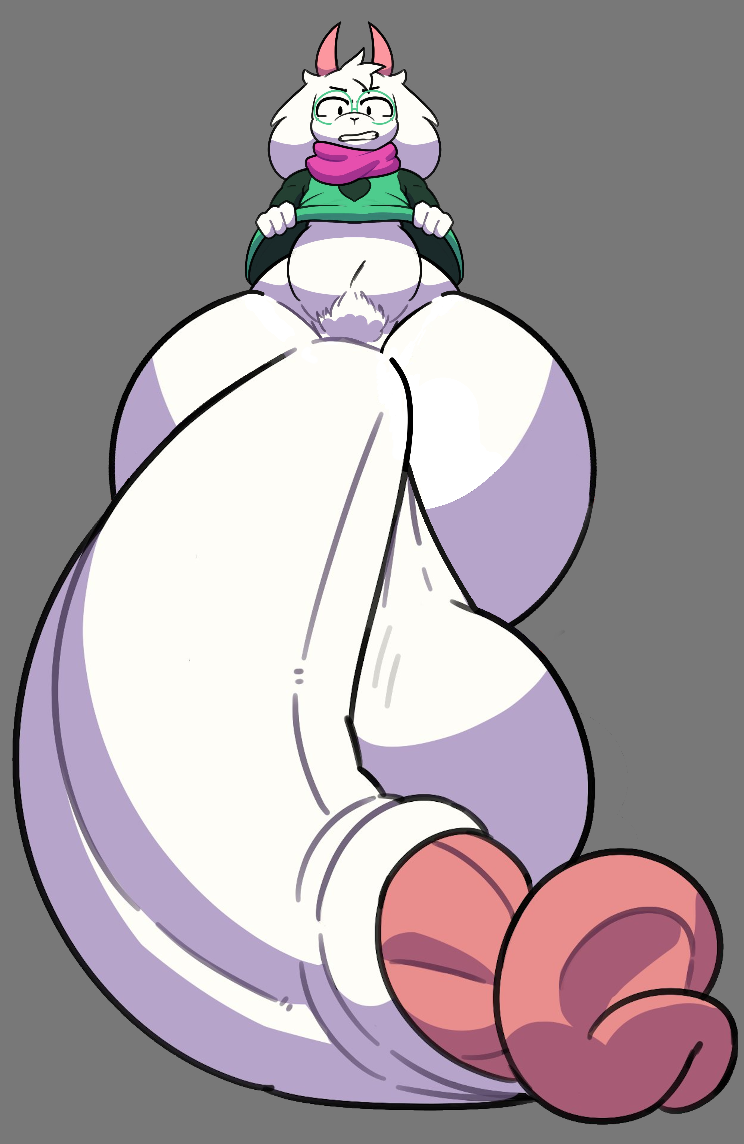 2025, absurd res, anthro, balls, big balls, big penis, bovid, caprine, clothing, darkner, deltarune, edit, evilfiendish, eyewear, femboy, floppy ears, gay, genitals, glasses, goat, half-erect, hi res, homosexual, homosexual male, horn, huge balls, huge cock, hyper, hyper balls, hyper genitalia, hyper penis, looking at viewer, male, male focus, male only, male penetrating, male/male, mammal, penis, ralsei, robe, robe lift, scarf, solo, thick thighs, third party edit, undertale (series), white body, wide hips