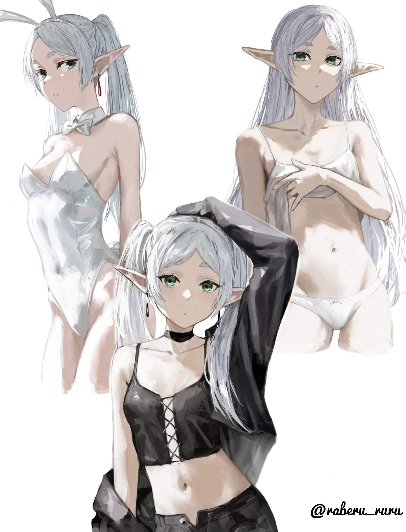 1girls, 2d, 2d (artwork), 2d artwork, adult, adult female, almost naked, almost nude, alternate version at source, alternate version available, anime, anime character, arm above head, arm behind back, arm up, arms behind back, background, bare arms, bare belly, bare chest, bare hands, bare hips, bare legs, bare midriff, bare navel, bare shoulders, bare skin, bare thighs, belly, belly button, black choker, black coat, black jacket, blank background, bowtie, breasts, bunny costume, bunny ears, bunny tail, bunnygirl, bunnygirl outfit, bunnysuit, camisole, choker, coat, collar, collarbone, digital, digital art, digital drawing, digital drawing (artwork), digital media, digital media (artwork), drawing, earrings, elbows, elf, elf ear, elf ears, elf female, elf girl, exposed, exposed arms, exposed belly, exposed chest, exposed hips, exposed legs, exposed midriff, exposed navel, exposed shoulders, exposed skin, exposed thighs, fanart, female, female focus, female only, female protagonist, female torso, fingers, fit female, flat belly, flat breasts, flat chest, flat chested, frieren, from front, from side, front view, gilf, grandma, granny, green eyes, green-eyed female, groin, hair down, hand above head, hand behind back, hand on hair, hand on head, hand on own hair, hand on own head, hand up, hands behind back, hip dips, inguinal crease, inguinal ligament, jacket, lean figure, leotard, linea alba, long hair, looking at viewer, looking sideways, looking to the side, madhouse, mature, mature female, midriff, monotone background, more at source, mostly nude, naked, naked female, naked woman, narrow waist, navel, nearly nude, nude, nude female, nudity, old female, one color background, open coat, open jacket, panties, parted bangs, petite, petite body, petite breasts, petite female, petite girl, petite tits, plain background, pointy ears, portrait, practically nude, raberu ruru, ribbon panties, ribcage, ribs, shoulders, side view, sideboob, sidelocks, skinny, skinny female, skinny girl, skinny waist, slender body, slender waist, slim female, slim waist, small boobs, small breasts, small tits, small waist, smooth chest, solid color background, solo, sousou no frieren, standing, stomach, thigh gap, thighs, thin female, thin waist, three-quarter view, tied hair, tiny breasts, tiny tits, top view, topwear, touching hair, touching head, twintails, twintails (hairstyle), underwear, upper body, white background, white bowtie, white bunny ears, white bunnysuit, white camisole, white collar, white hair, white hairband, white leotard, white panties, white topwear, white underwear, white-haired female