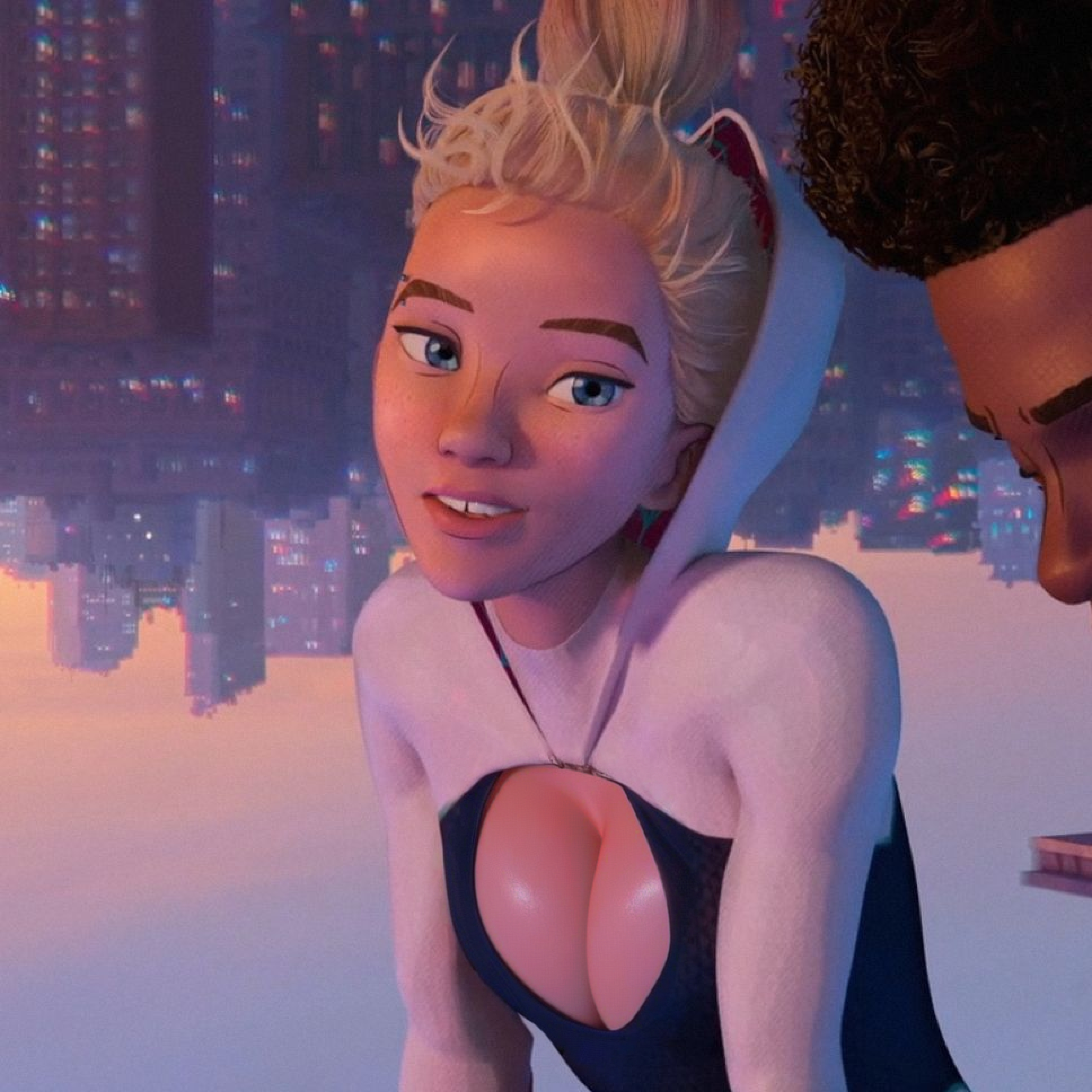 big boobies, big boobs, big breasts, big tits, blonde hair, edit, edited, gwen stacy, gwen stacy (spider-verse), marvel, piercing, rui3delsa, ruichan art, ruidx, ruisensei, scene reference, short hair, sony pictures animation, spider-gwen, spider-man (series), spider-man: into the spider-verse, visible breasts