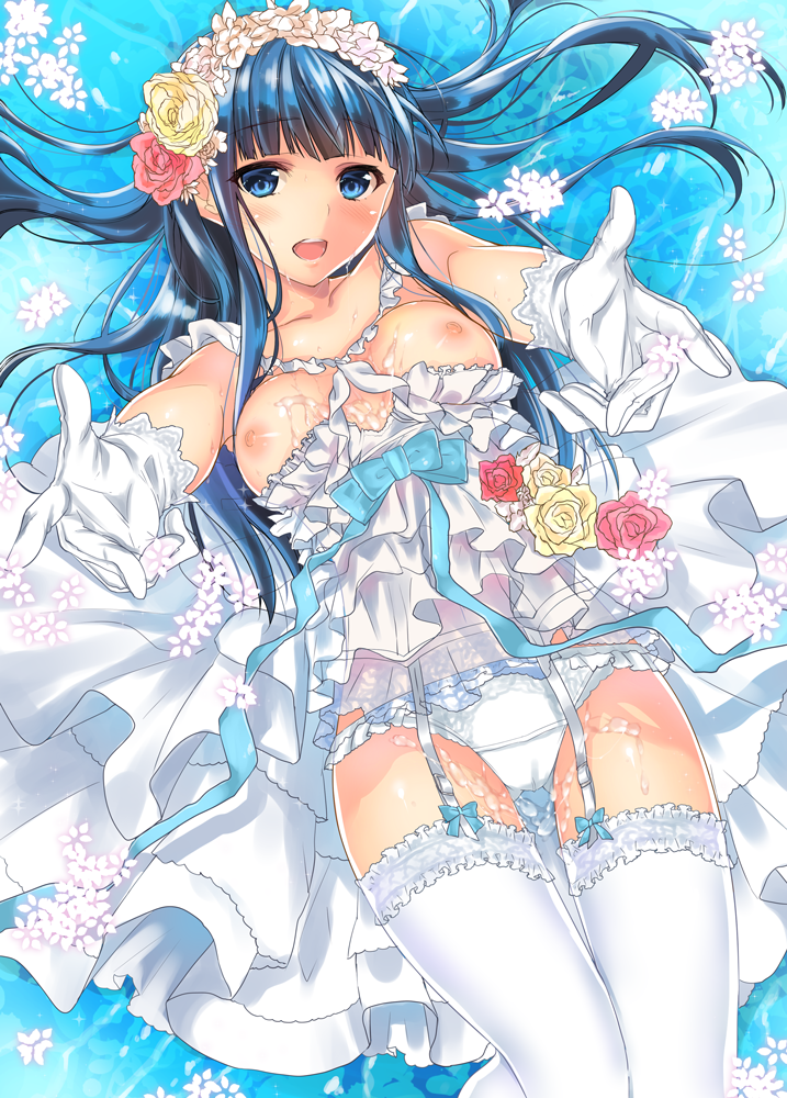 bangs blue_eyes blue_hair blunt_bangs blush breasts cum cum_on_body cum_on_breasts cum_on_upper_body dress female flower frills garter_straps gloves head_wreath long_hair looking_at_viewer mahouka_koukou_no_rettousei nipples open_mouth outstretched_arms panties shiba_miyuki solo thighhighs underwear wedding_dress white_gloves white_legwear white_panties yu_yu