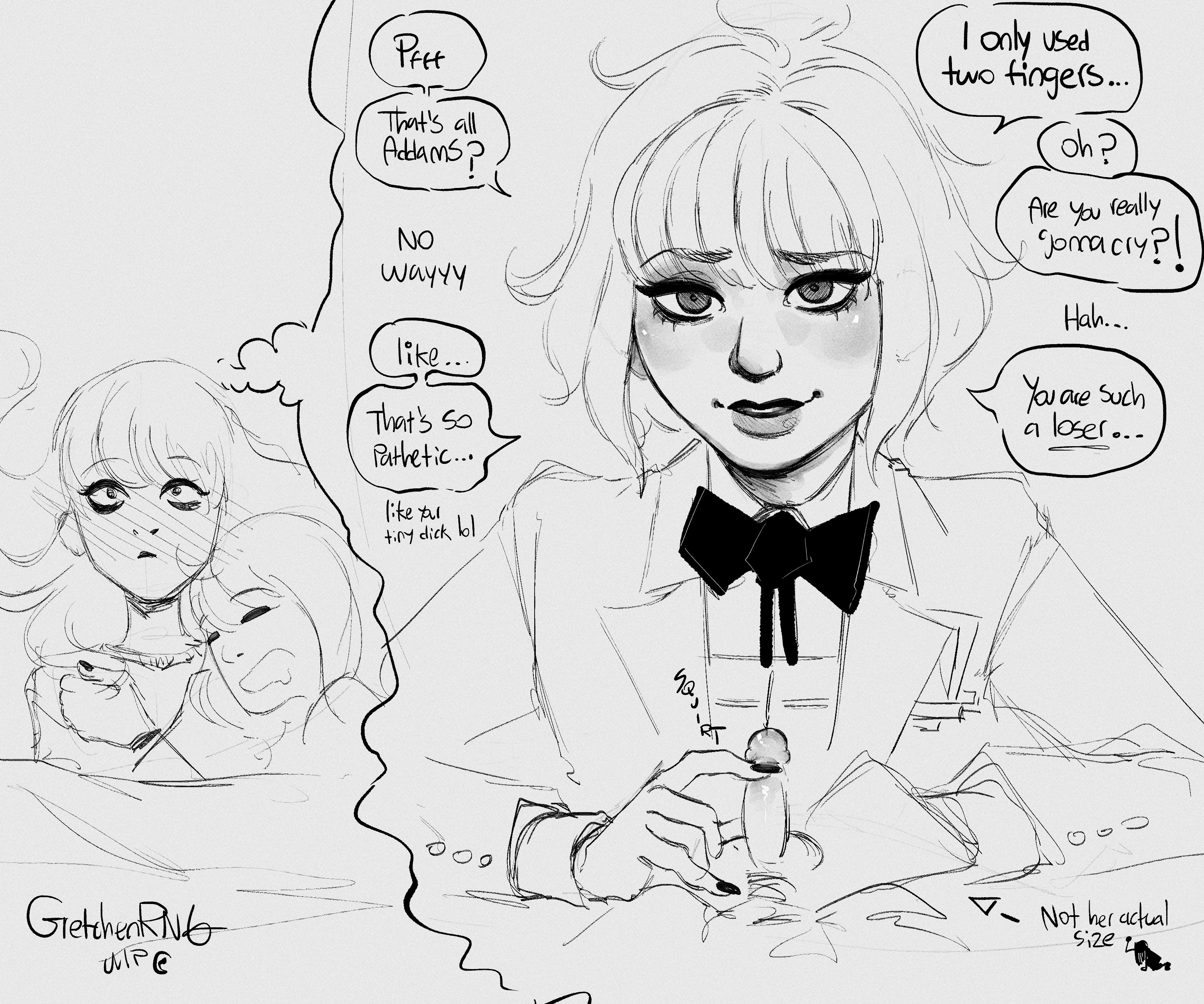 2girls, black and white, bullying, clothed, clothed female, degradation, dialog, dialogue, enid sinclair, fantasizing, female, female/female, gretchenrng, handjob, lezdom, lezsub, long fingernails, long hair, loser (phrase), medium hair, painted fingernails, painted nails, pathetic (phrase), penis, penis size talk, premature ejaculation, premature ejaculation shaming, size talk, small penis, small penis humiliation, teasing, text, the addams family, thought bubble, trans woman, transfem, transgender woman, uncensored, wednesday (netflix), wednesday addams, yuri