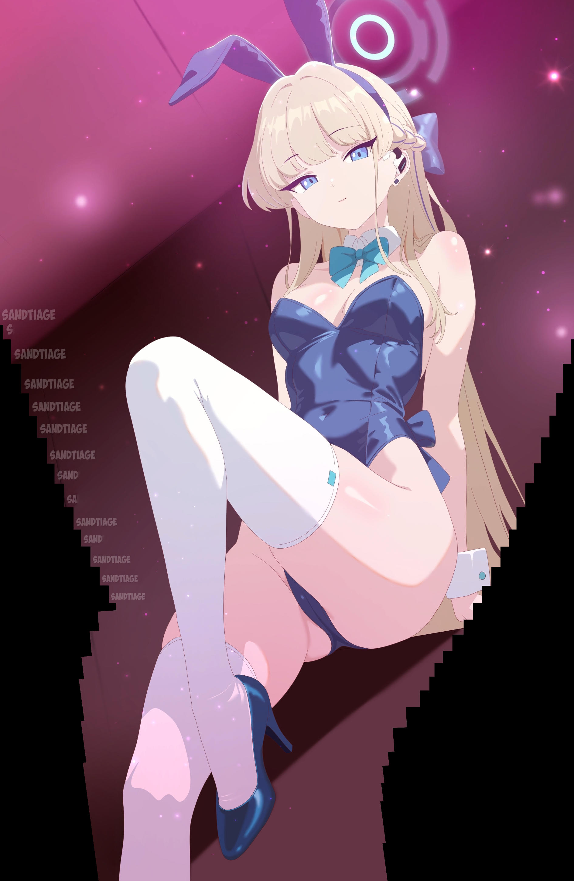 1girls, ass, blonde hair, blue archive, blue eyes, breasts, bunny ears, bunny girl, bunnysuit, cleavage, clothing, looking at viewer, looking down, sandtiage, screencap, stitched, thighhighs, thighs, toki (blue archive), toki (bunny) (blue archive)