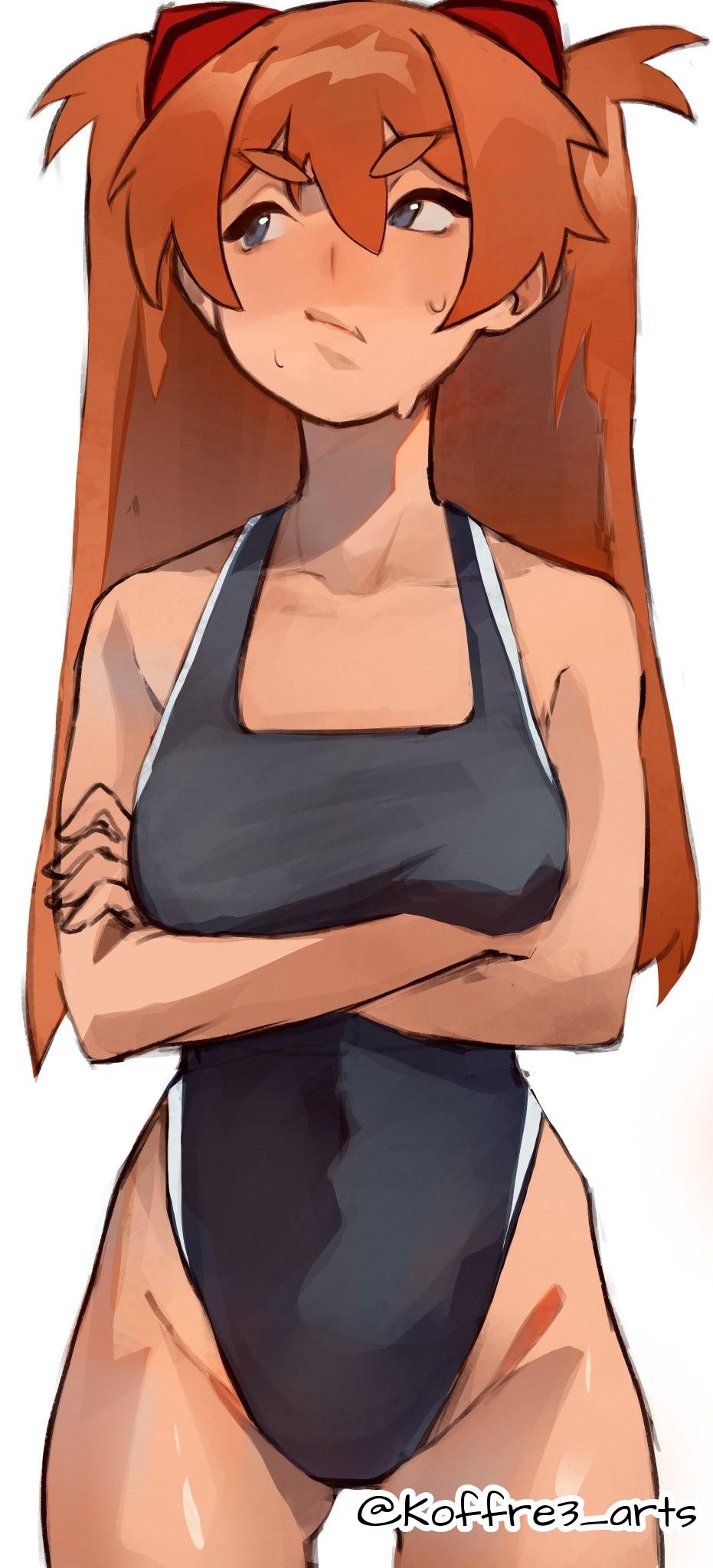1girls, 2d, 2d (artwork), 2d artwork, arm under breasts, arms crossed, arms crossed under breasts, arms under breasts, asuka langley sohryu, average breasts, background, bare arms, bare hands, bare hips, bare legs, bare shoulders, bare skin, bare thighs, belly button, bikini, black bikini, black one-piece swimsuit, black swimsuit, black swimwear, blank background, blue eyes, blue-eyed female, breasts, collarbone, crossed arms, curvaceous, curvaceous body, curvaceous female, curvaceous figure, curvaceous hips, curvaceous teenager, curvy, curvy body, curvy female, curvy figure, curvy hips, curvy teen, digital, digital art, digital drawing, digital drawing (artwork), digital media, digital media (artwork), drawing, elbows, exposed arms, exposed hips, exposed legs, exposed shoulders, exposed skin, exposed thighs, eyebrows visible through hair, female, female focus, female only, fingers, from front, front view, frown, frown eyebrows, frowning, ginger, ginger hair, groin, hair between eyes, head tilt, highleg one-piece swimsuit, highleg swimsuit, highres, inguinal crease, inguinal ligament, koffre3 arts, lean figure, long hair, medium breasts, monotone background, narrow waist, navel, neon genesis evangelion, one color background, one-piece swimsuit, orange hair, orange hair female, orange-haired female, plain background, portrait, school swimsuit, scowl, shoulders, slender body, slender waist, slim female, slim waist, solid color background, solo, standing, sukumizu, swimsuit, teen girl, teenage female, teenage girl, teenager, thigh gap, thighs, tilted head, top view, tsundere, upper body, white background, wide hips, young female, young woman