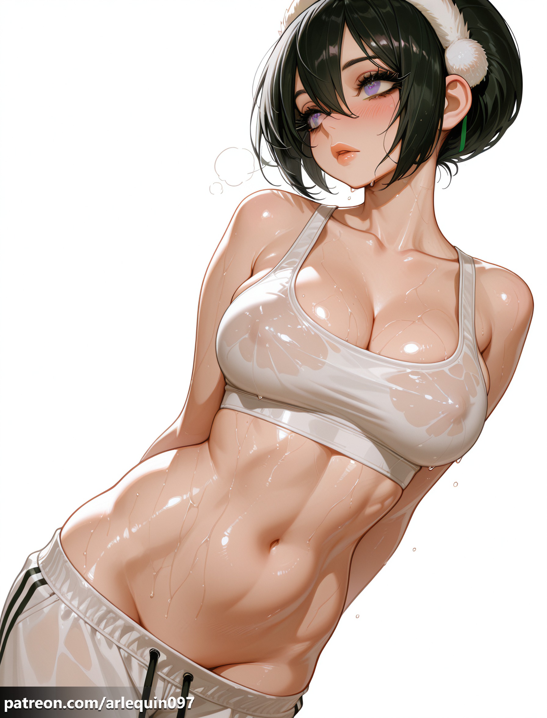 1girl, abs, ai generated, arlequin097, arms behind back, avatar legends, avatar the last airbender, bare shoulders, black hair, blush, breasts, cleavage, collarbone, covered nipples, cowboy shot, drawstring, groin, hair between eyes, hairband, large breasts, linea alba, lips, navel, nickelodeon, pants, parted lips, patreon username, purple eyes, see-through, shiny skin, short hair, simple background, solo, sports bra, stomach, sweat, sweatpants, toned, toph bei fong, track pants, wet, wet clothes, wet shirt, white background, white hairband, white sports bra