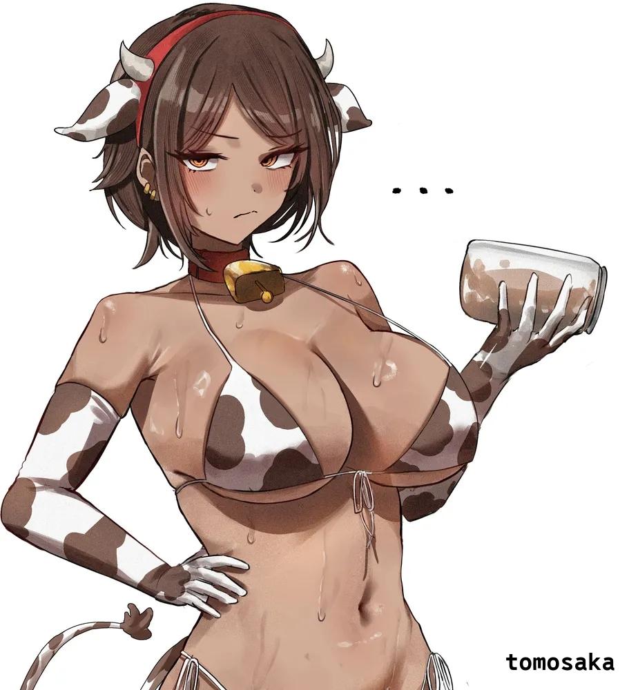 1girls, 2026, 2d, 2d (artwork), 2d artwork, adult, adult female, almost naked, almost nude, background, bare armpits, bare belly, bare chest, bare hips, bare midriff, bare navel, bare shoulders, bare skin, belly, belly button, big boobs, big breasts, bikini, bikini bottom, bikini top, black bikini, black bikini bottom, black bikini top, black elbow gloves, black gloves, black long gloves, black swimsuit, black swimwear, blank background, blush face, blush lines, blushing, blushing at viewer, blushing female, blushing lines, breasts, brown eyes, brown hair, brown skin, brown skinned female, brown-eyed female, brown-haired female, brown-skinned female, busty, busty female, busty girl, chocolate milk, cleavage, collarbone, cow bell, cow collar, cow horn, cow horns, cow print, cow print armwear, cow print bikini, cow print swimsuit, cowprint, cowprint armwear, cowprint bikini, cowprint swimsuit, digital, digital art, digital drawing, digital drawing (artwork), digital media, digital media (artwork), drawing, elbow gloves, elbows, exposed, exposed armpits, exposed belly, exposed chest, exposed hips, exposed midriff, exposed navel, exposed shoulders, exposed skin, eyebrows visible through hair, female, female focus, female only, fingers, flushed, flushed face, from front, front view, front-tie bikini, front-tie bikini top, frown, frown eyebrows, frowning, frowning at viewer, gloves, halterneck, horn, horns, inframammary fold, large boobs, large breasts, lean figure, limbus company, long gloves, looking at viewer, mature, mature female, mature woman, midriff, monotone background, mostly nude, naked, naked female, naked woman, narrow waist, navel, nearly nude, nude, nude female, nudity, one color background, outis (limbus company), plain background, portrait, practically nude, project moon, scowl, short hair, shoulders, side-tie bikini, slender body, slender waist, slim female, slim waist, solid color background, solo, standing, string bikini, sweat, sweat on body, sweat on breasts, sweat on face, sweat on stomach, sweatdrop, sweating, sweaty, sweaty belly, sweaty body, sweaty breasts, sweaty chest, sweaty face, sweaty female, sweaty skin, swimsuit, swimwear, tomosaka, top view, upper body, white background, white bikini, white bikini bottom, white bikini top, white elbow gloves, white gloves, white horn, white horns, white long gloves, white swimsuit, white swimwear, wide hips, woman