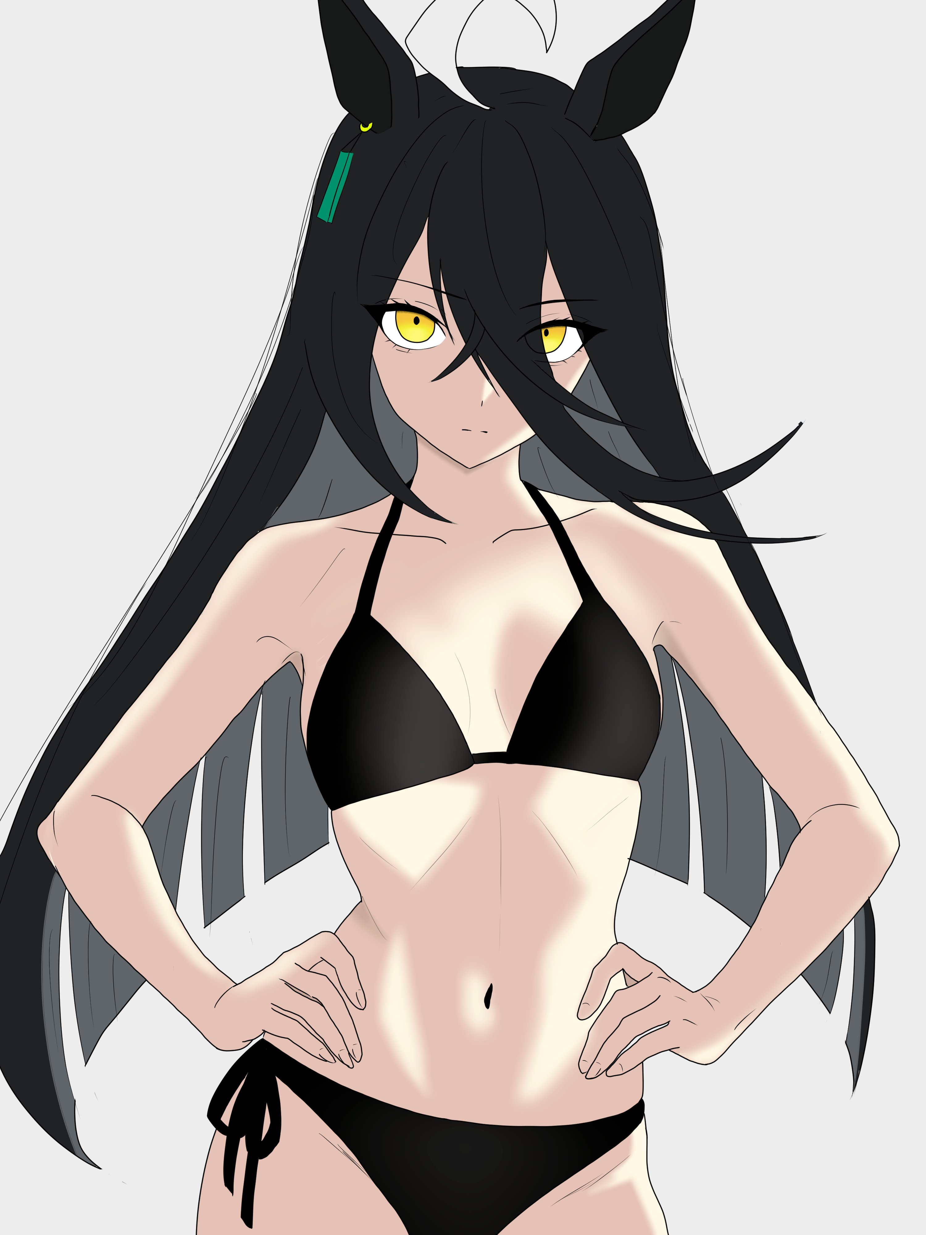 1girl, 1girls, absurdres, ahoge, animal ears, bikini, black bikini, black hair, breasts, contrapposto, cowboy shot, ear tag, earrings, hair between eyes, hands on own hips, highres, horse ears, horse girl, jewelry, long bangs, long hair, looking at viewer, manhattan cafe (umamusume), midriff, navel, small breasts, solo, swimsuit, tummy, umamusume, umamusume pretty derby, yellow eyes