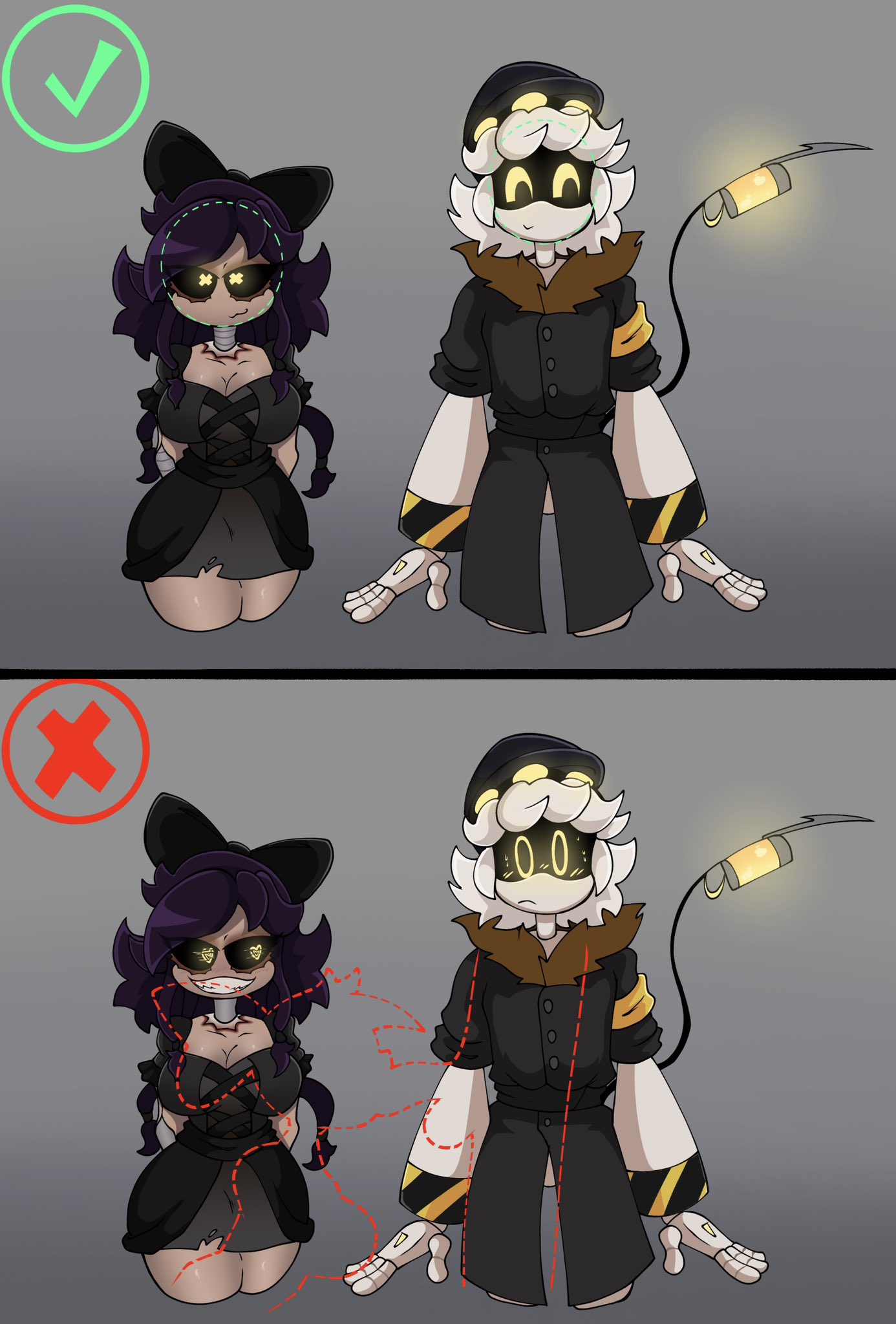1boy, 1girls, big breasts, black hair, blowjob, blushing, blushing female, blushing male, breasts, clothing, cyn (murder drones), cyntessa (murder drones), fellatio, glitch productions, hat, heart-shaped pupils, horny female, lustful gaze, murder drones, n (murder drones), outline, robot, robot boy, robot girl, robot humanoid, silver hair, tweedleevil, yellow eyes