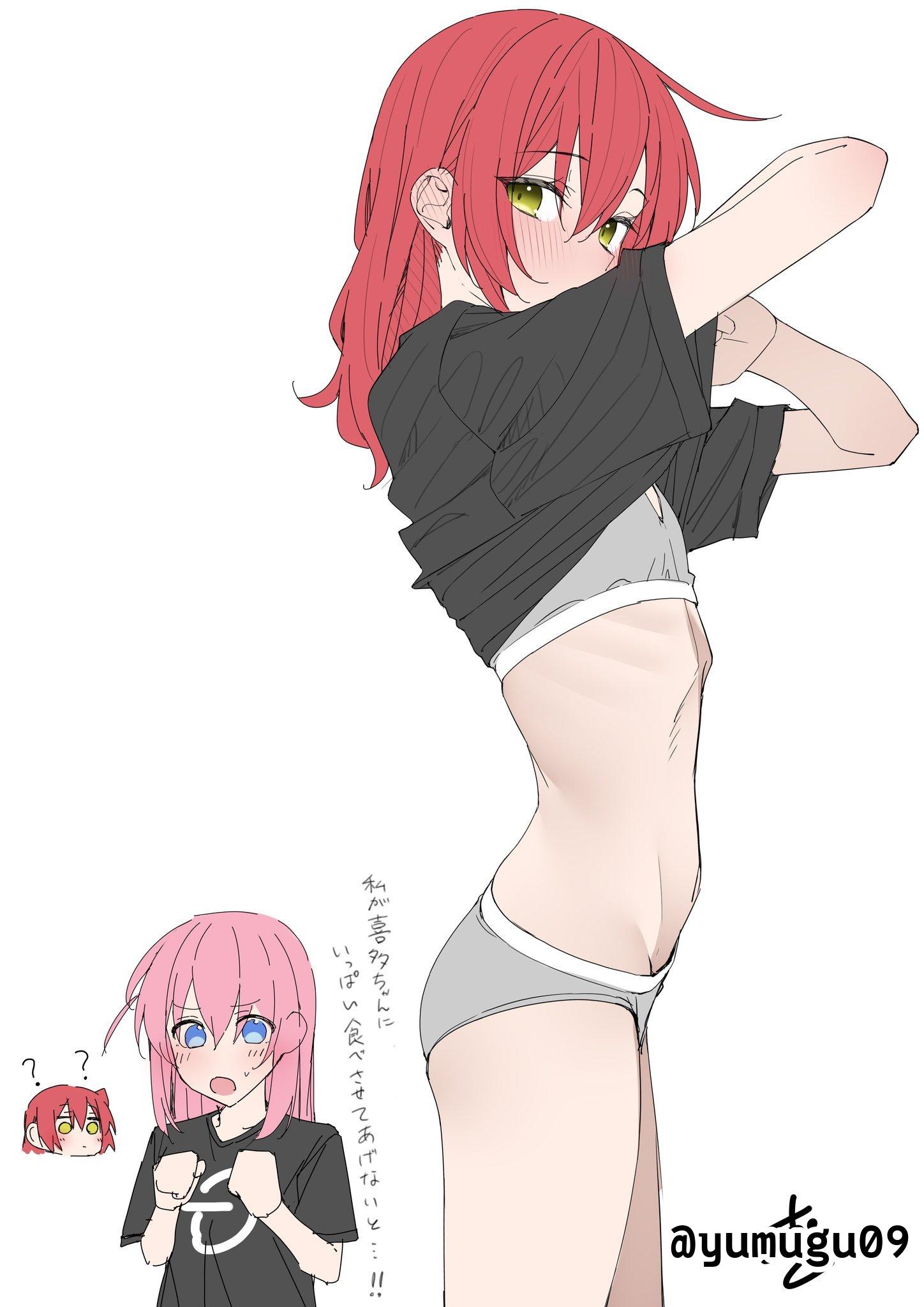 2d, 2d (artwork), 2d artwork, 2girls, anime, anime character, arms up, asian, asian female, asian girl, background, bare belly, bare hips, bare legs, bare midriff, bare navel, bare skin, bare thighs, belly, black clothes, black shirt, black topwear, blank background, blue eyes, blue-eyed female, blush face, blush lines, blushing, blushing at viewer, blushing female, blushing lines, bocchi the rock!, bra, breasts, clothes, clothes aside, clothes lift, clothes pull, cloverworks, collarbone, digital, digital art, digital drawing, digital drawing (artwork), digital media, digital media (artwork), drawing, elbows, exposed belly, exposed hips, exposed legs, exposed midriff, exposed navel, exposed skin, exposed thighs, eyebrows visible through hair, fanart, female, female focus, female only, female protagonist, female torso, flat breasts, flat chest, flat chested, flushed, flushed face, from below view, from side, gotou hitori, green eyes, green-eyed female, grey bra, grey panties, grey underwear, groin, guitarist, hair between eyes, hair ornament, hands up, head tilt, high school student, inguinal crease, inguinal ligament, japanese, japanese female, japanese girl, kita ikuyo, lean figure, long hair, looking at viewer, looking sideways, looking to the side, low angle view, low-angle shot, matching underwear, midriff, monotone background, multiple females, multiple girls, narrow waist, one color background, one side up, panties, petite, petite body, petite breasts, petite female, petite girl, petite tits, pink hair, pink-haired female, plain background, portrait, red hair, red-haired female, ribcage, ribs, school girl, shirt, shirt aside, shirt lift, shirt pull, shoulders, side view, skinny, skinny female, skinny girl, skinny waist, slender body, slender waist, slim female, slim waist, small boobs, small breasts, small tits, small waist, smooth chest, solid color background, standing, teen girl, teenage girl, teenager, thighs, thin female, thin waist, tilted head, tiny breasts, tiny tits, top view, topwear, topwear aside, topwear lift, topwear pull, underwear, upper body, view from below, viewed from below, white background, young female, young woman