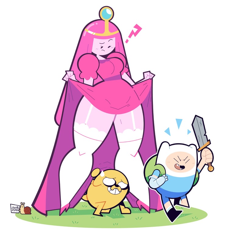 adventure time, bottom heavy, bottom heavy female, crown, finn the human, garter belt, goodbyellow, heels, jake the dog, lifting dress, pink body, pink dress, pink hair, princess bubblegum, question mark, size difference, wide hips, wide thighs