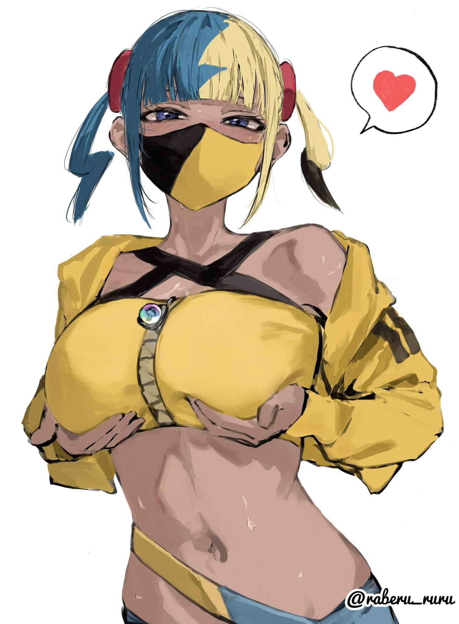 1girls, 2d, 2d (artwork), 2d artwork, background, belly, belly button, big boobs, big breasts, blank background, blonde, blonde female, blonde hair, blonde hair female, blonde-haired female, blue eyes, blue hair, blue-eyed female, blue-haired female, blunt bangs, boob grab, breast grab, breast hold, breast lift, breasts, brown nipples, brown skin, brown skinned female, brown-skinned female, busty, busty female, busty girl, canari (pokemon), canary (pokemon), caressing breasts, coat, collarbone, digital, digital art, digital drawing, digital drawing (artwork), digital media, digital media (artwork), double breast grab, drawing, eyebrows visible through hair, female, female focus, female only, fingers, fondling, fondling breasts, fondling own breast, fondling self, grabbing breast, grabbing breasts, grabbing own breast, grabbing own breasts, grabbing tits, grope, groping, groping breast, groping breasts, groping chest, groping own breast, groping own breasts, groping self, hair between eyes, half-closed eyes, hand on breast, hand on chest, hand on own breast, hand on own chest, hands on breasts, hands on chest, hands on own breasts, hands on own chest, head tilt, holding breast, holding breasts, jacket, large boobs, large breasts, lean figure, looking at viewer, looking down, looking down at viewer, midriff, monotone background, multicolored hair, narrow waist, navel, one color background, open coat, open jacket, parted bangs, plain background, pokemon, pokemon legends: z-a, portrait, presenting breasts, raberu ruru, self fondle, self grope, short hair, shoulders, sidelocks, slender body, slender waist, slim female, slim waist, solid color background, solo, split-color hair, standing, tilted head, touching breast, touching breasts, two tone hair, two-tone hair, upper body, white background, wide hips, yellow coat, yellow hair, yellow jacket, yellow-haired female