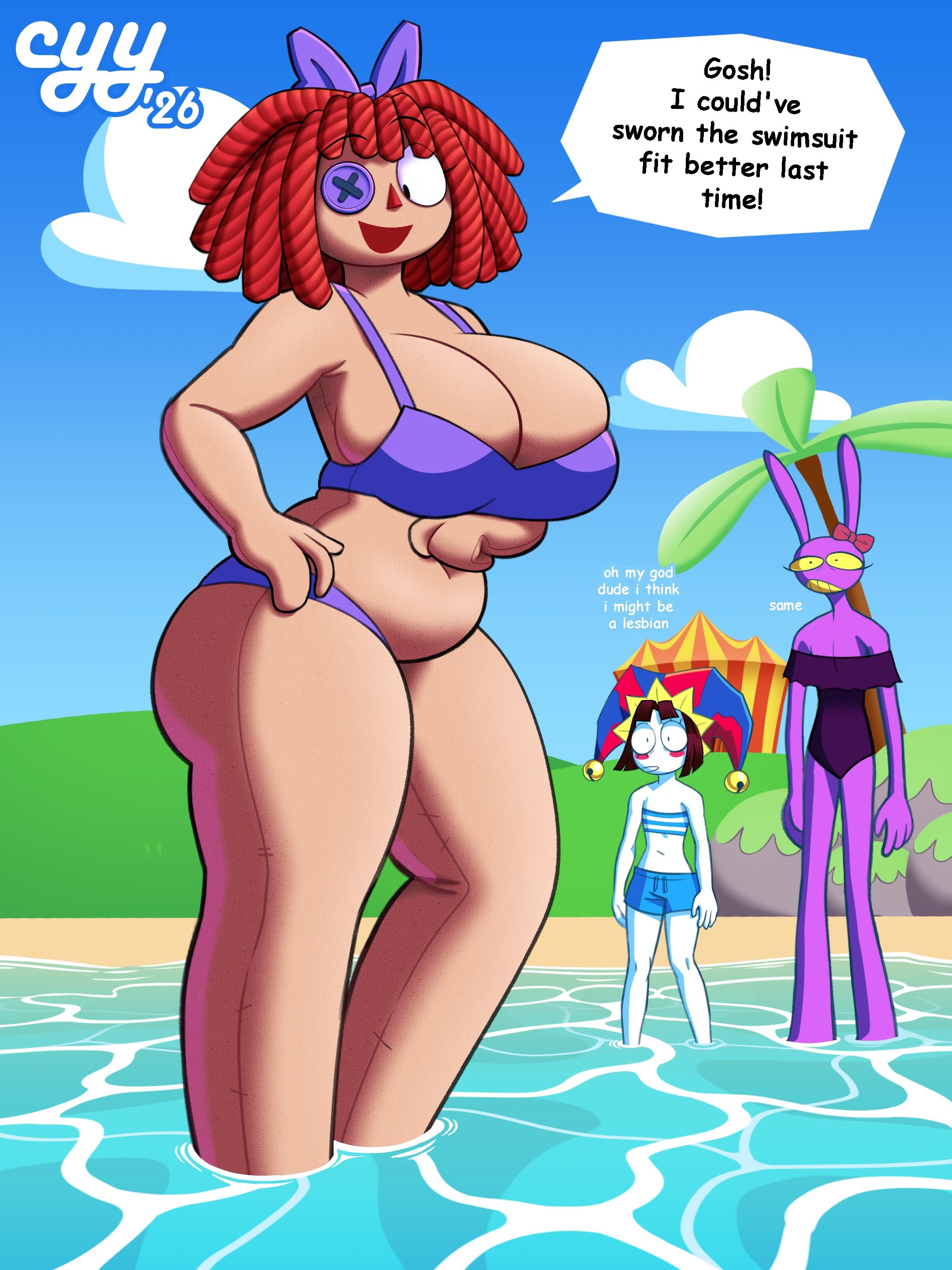3girls, ass, beach, big ass, big breasts, bikini, breasts, button eye, chubby, chubby female, cyynapse, dialogue, doll girl, female, female focus, female jax, female only, glitch productions, gooseworx, huge breasts, jax (tadc), jax (the amazing digital circus), pomni, pomni (beach outfit), pomni (tadc), pomni (the amazing digital circus), ragatha, ragatha (beach outfit), ragatha (tadc), ragatha (the amazing digital circus), ragdoll, red hair, redhead, redhead female, redheaded female, rule 63, tagme, the amazing digital circus, thick thighs, voluptuous, voluptuous body, voluptuous female, wide hips