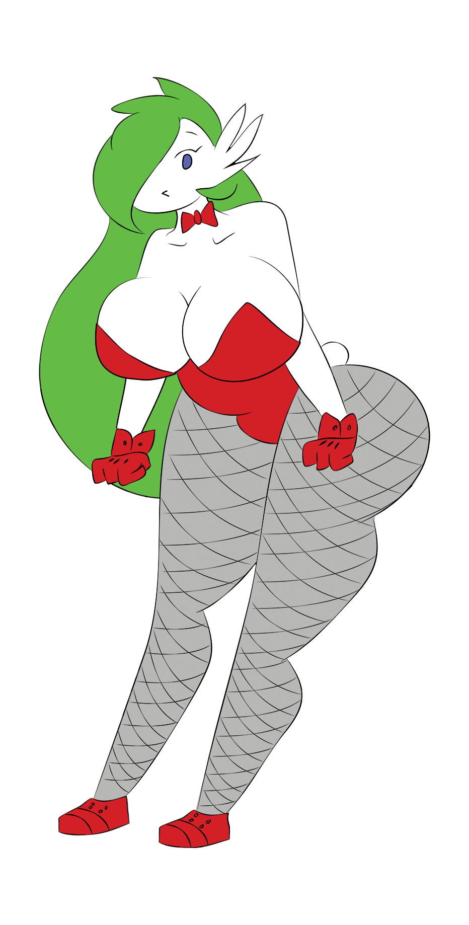 :v big_ass big_breasts black_bowtie black_ribbon_shoes blue_eyes bowtie bunny_tail bunnysuit clenched_hands comica cuff_links fishnet_legwear fishnet_stockings fishnets frills gardevoir green_bunnysuit green_gloves green_hair hair_covering_eye large_breasts lola_(gardesnorela) long_hair looking_at_viewer nintendo pokemon pokemon_(species) pokemon_rse ribbon_shoes roland_jack shoulder_blades thick_thighs transparent_background white_skin