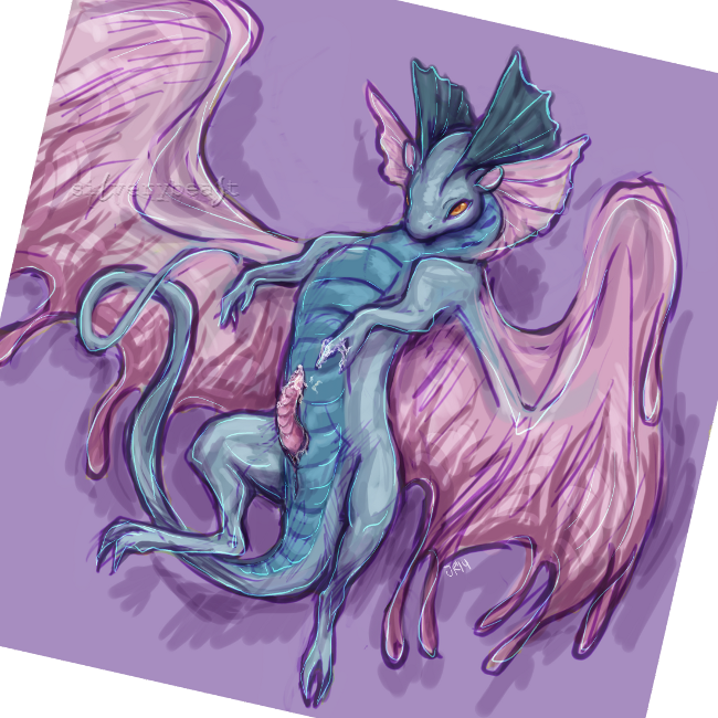 2014 alpha_channel anus cum cum_on_hand cum_on_self digitigrade dragon erection fae_dragon feral frills genital_slit lying male on_back penis plain_background scalie silverybeast slit solo transparent_background wings