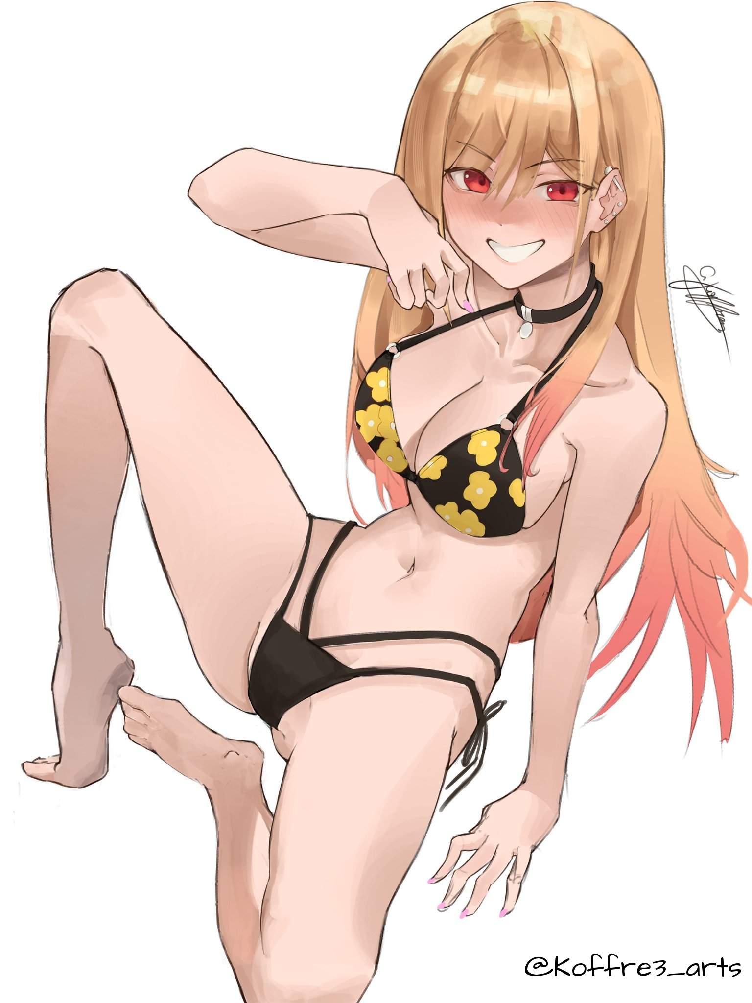 1girls, 2d, 2d (artwork), 2d artwork, almost naked, almost nude, ankles, arm support, arm up, armpits, asian, asian female, asian girl, asian woman, background, bare armpits, bare arms, bare belly, bare calves, bare chest, bare hands, bare hips, bare knees, bare legs, bare midriff, bare navel, bare shoulders, bare skin, bare soles, bare thighs, bare toes, barefoot, belly, belly button, big boobs, big breasts, bikini, bikini bottom, bikini only, bikini top, black bikini, black bikini bottom, black bikini top, black choker, black swimsuit, black swimwear, blank background, blonde, blonde female, blonde hair, blonde hair female, blonde-haired female, blush face, blush lines, blushing, blushing female, blushing lines, breasts, busty, busty female, busty girl, busty teen, busty teenager, calves, choker, cleavage, collarbone, digital, digital art, digital drawing, digital drawing (artwork), digital media, digital media (artwork), drawing, ear piercing, earrings, elbows, exposed, exposed armpits, exposed arms, exposed belly, exposed chest, exposed hips, exposed legs, exposed midriff, exposed navel, exposed shoulders, exposed skin, exposed thighs, exposed toes, eyebrows visible through hair, feet, female, female focus, female only, female protagonist, fingernails, fingers, flushed, flushed face, from above, full body, gradient hair, grin, grinning, grinning at viewer, groin, gyaru, hair between eyes, halterneck, hand up, head tilt, high school student, high-angle shot, inguinal crease, inguinal ligament, japanese, japanese female, japanese girl, japanese woman, kitagawa marin, knee up, knees, koffre3 arts, large boobs, large breasts, lean figure, legs, legs apart, legs spread, long hair, looking at viewer, looking up, looking up at viewer, marin kitagawa, midriff, monotone background, mostly nude, multicolored hair, nail polish, nails, naked, naked female, naked woman, narrow waist, navel, nearly nude, no shoes, nude, nude female, nudity, one color background, parted lips, pink fingernails, pink nail polish, pink nails, plain background, portrait, posing, posing for the viewer, posing naked, posing nude, practically nude, red eyes, red-eyed female, school girl, shoulders, side-tie bikini, sitting, slender body, slender waist, slim female, slim waist, smile, smiley face, smiling, smiling at viewer, soles, solid color background, solo, sono bisque doll wa koi wo suru, spread legs, spreading legs, spreading thighs, string bikini, swimsuit, swimwear, teen girl, teenage female, teenage girl, teenage tits, teenager, thighs, three-quarter view, tilted head, toes, top view, viewed from above, white background, wide hips, young female, young woman