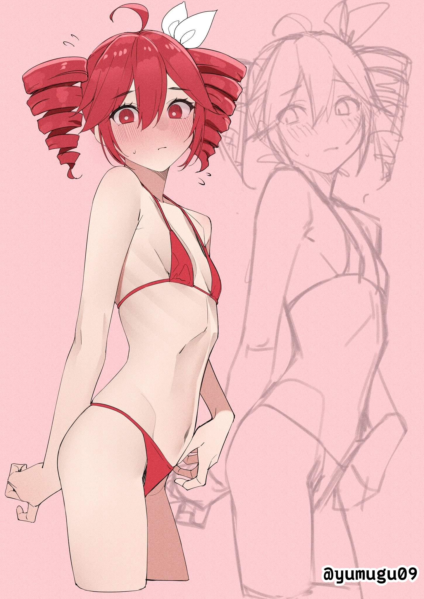 1girls, 2d, 2d (artwork), 2d artwork, ahoge, almost naked, almost nude, arm behind back, ashamed, background, bare arms, bare belly, bare chest, bare hands, bare hips, bare legs, bare midriff, bare navel, bare shoulders, bare skin, bare thighs, belly, belly button, bikini, bikini bottom, bikini only, bikini top, blush face, blush lines, blushing, blushing at viewer, blushing female, blushing lines, breasts, breasts apart, collarbone, cowboy shot, digital, digital art, digital drawing, digital drawing (artwork), digital media, digital media (artwork), drawing, drill hair, drill twintails, embarrassed, embarrassed exposed female, embarrassed expression, embarrassed female, embarrassed naked female, embarrassed nude female, exposed, exposed arms, exposed belly, exposed chest, exposed hips, exposed legs, exposed midriff, exposed navel, exposed shoulders, exposed skin, exposed thighs, eyebrows visible through hair, female, female focus, female only, fingers, flat chest, flat chested, flushed, flushed face, flustered, flustered female, from below view, from side, groin, hair between eyes, halterneck, hand behind back, head tilt, inframammary fold, inguinal crease, inguinal ligament, kasane teto, lean figure, long hair, looking at viewer, looking down, looking down at viewer, looking sideways, looking to the side, low angle view, low-angle shot, midriff, monotone background, mostly nude, naked, naked female, naked woman, narrow waist, navel, nearly nude, nude, nude female, nudity, one color background, petite, petite body, petite breasts, petite female, petite girl, petite tits, pink background, plain background, portrait, practically nude, red bikini, red bikini bottom, red bikini top, red eyes, red hair, red swimsuit, red swimwear, red-eyed female, red-haired female, ribcage, ribs, shoulders, side view, skinny, skinny female, skinny girl, skinny waist, slender body, slender waist, slim female, slim waist, small boobs, small breasts, small tits, small waist, solid color background, solo, standing, string bikini, swimsuit, swimwear, thighs, thin female, thin waist, tilted head, tiny breasts, tiny tits, top view, upper body, view from below, viewed from below, vocaloid