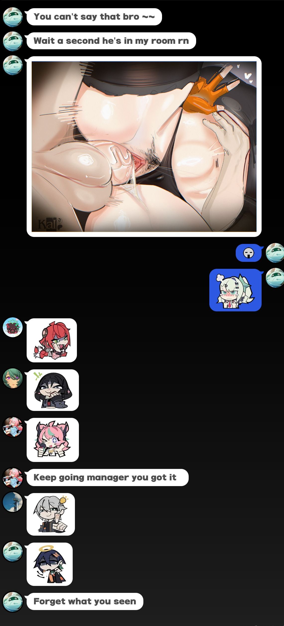 1boy, 1girls, angels of delusion, aria (zenless zone zero), asymmetrical legwear, belle (zenless zone zero), black panties, bottomless, brother and sister, bulge, cecilia (zenless zone zero), chat, chat log, commentary, english text, female pubic hair, fingerless gloves, gloves, group chat, highres, hoyoverse, incest, kaiser (kaiserofart), kaiserart, legs apart, legwear, light skin, light-skinned female, light-skinned male, midriff, mihoyo, motion lines, nangong yu (zenless zone zero), navel, nude, nude male, panties, panties aside, photo (object), pubic hair, pussy juice, siblings, spooning, spread legs, stomach bulge, sunna (zenless zone zero), underwear, v, v sign, vaginal penetration, wise (zenless zone zero), zenless zone zero