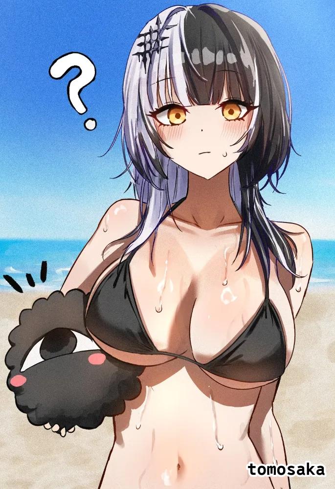 ?, 1girls, 2d, 2d (artwork), 2d artwork, adult, adult female, bare arms, bare belly, bare chest, bare hands, bare hips, bare midriff, bare navel, bare shoulders, bare skin, beach, beach background, beach setting, belly, belly button, big boobs, big breasts, bikini, bikini only, bikini top, black bikini, black bikini top, black swimsuit, black swimwear, blue sky background, blush face, blush lines, blushing, blushing at viewer, blushing female, blushing lines, breasts, busty, busty female, busty girl, cleavage, collarbone, day, daylight, daytime, digital, digital art, digital drawing, digital drawing (artwork), digital media, digital media (artwork), drawing, exposed arms, exposed belly, exposed chest, exposed hips, exposed midriff, exposed navel, exposed shoulders, exposed skin, eyebrows visible through hair, female, female focus, female only, fingers, flushed, flushed face, hair ornament, halterneck, hololive, hololive english, inframammary fold, large boobs, large breasts, lean figure, long hair, looking at viewer, mature, mature female, mature woman, midriff, multicolored hair, narrow waist, navel, ocean background, outdoor, outdoor background, outdoor nudity, outdoors, outside, outside nudity, portrait, sea, sea background, seaside, shiori novella, shoulders, sky background, slender body, slender waist, slim female, slim waist, solo, split-color hair, standing, string bikini, summer setting, sweat, sweat on body, sweat on breasts, sweat on face, sweat on stomach, sweatdrop, sweating, sweaty, sweaty belly, sweaty body, sweaty breasts, sweaty chest, sweaty face, sweaty female, sweaty skin, swimsuit, swimwear, tomosaka, two tone hair, two-tone hair, upper body, virtual youtuber, vtuber, vtuberfanart, woman