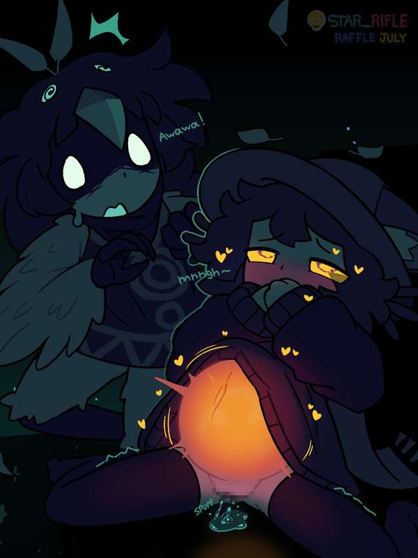 2girls, after, after penetration, alula (oneshot), behind, behind another, bird girl, cat ears, cat girl, cat humanoid, catgirl, censored, cum, cumming, cumming while penetrated, cumshot, female, female only, genitals, niko (oneshot), oneshot, penetrated, penetration, sitting, star rifle, stockings, stomach bulge, stomach deformation, sudden insertion, tagme, yellow eyes