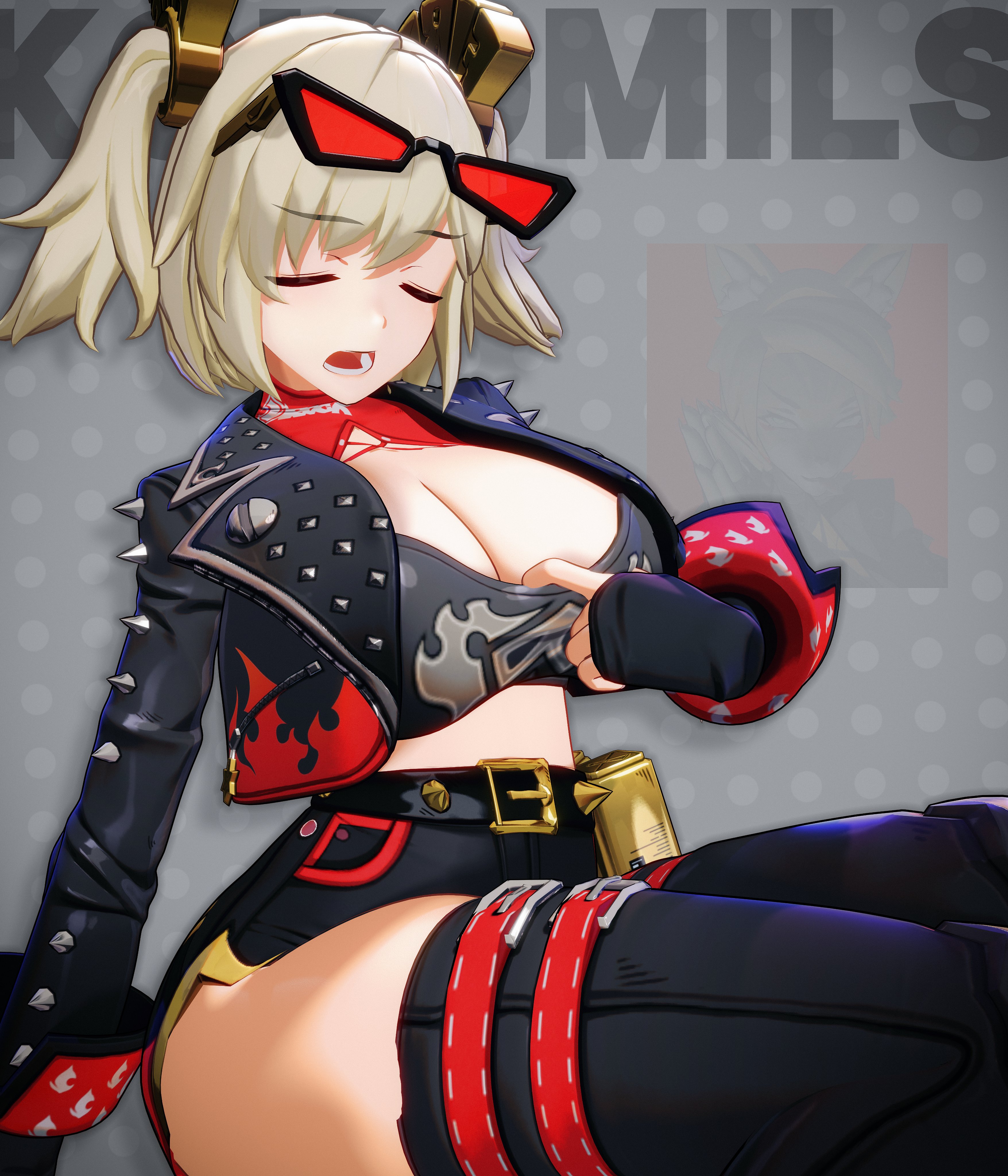 1girl, 1girls, 3d, 3d (artwork), bangs, big breasts, blonde hair, breasts, burnice white, choker, cleavage, closed eyes, eyewear on head, gloves, goggles, goggles on head, halftone background, jacket, kokomils, large breasts, open mouth, polka dot, polka dot background, sitting, solo, sunglasses, thick thighs, thighhighs, thighs, zenless zone zero