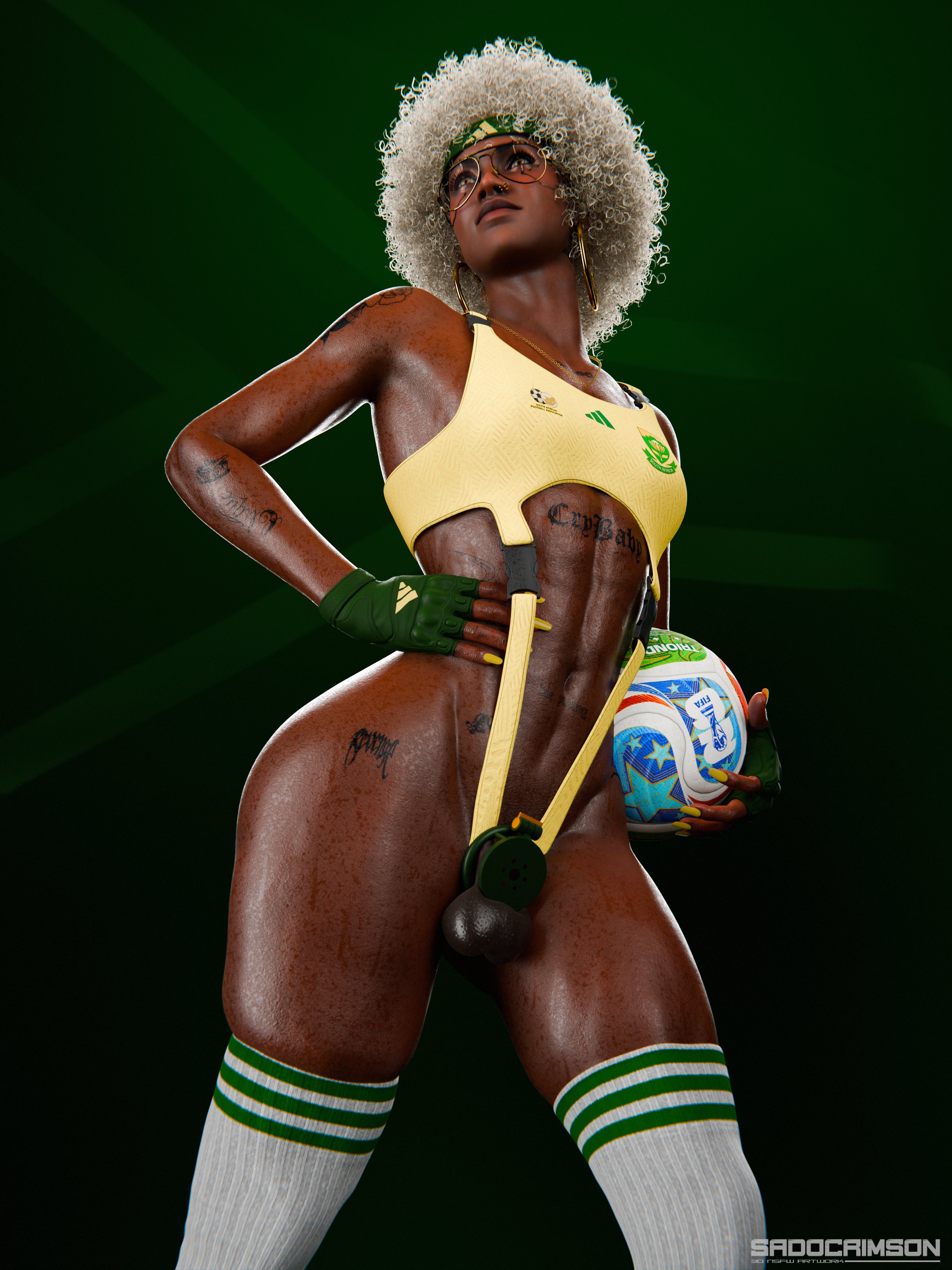 1boy, 3d, 3d (artwork), 3d model, 3d render, androgynous, blonde hair, cage, caged, caged cock, caged dick, caged penis, chastity, chastity cage, chastity device, dark skin, dark-skinned femboy, dark-skinned male, dark-skinned sissy, dark-skinned twink, fat ass, fat butt, femboy, femboy only, femboysub, feminine, feminine body, feminine faced male, feminine male, feminine pose, feminization, feminized male, flat chastity cage, flat chest, girly, kneeling, male, male focus, male only, meaty ass, meaty butt, pose, posing, riley (sadocrimson3d), sadocrimson3d, sissification, sissy, sissyfication, slim waist, small penis, small waist, soccer, soccer uniform, south africa, tiny penis, tiny waist