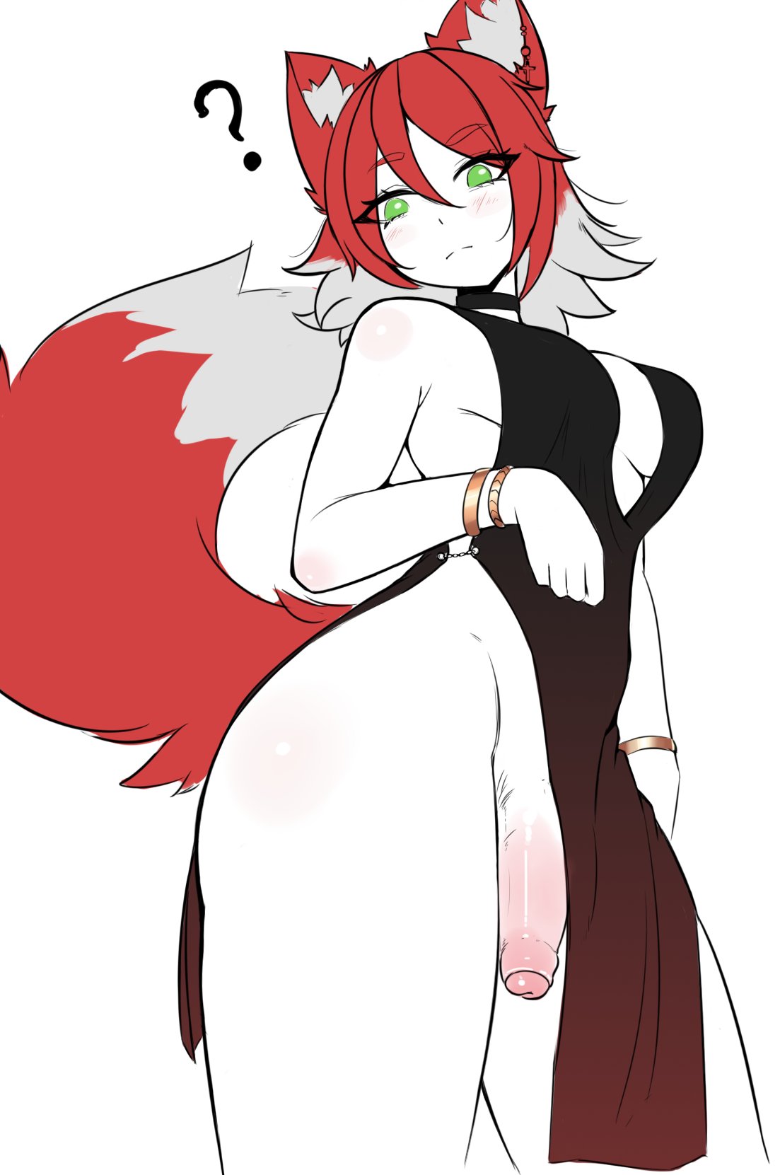 ater18, clothed, clothing, dress, futanari, kemonomimi, sketch, solo, solo futa