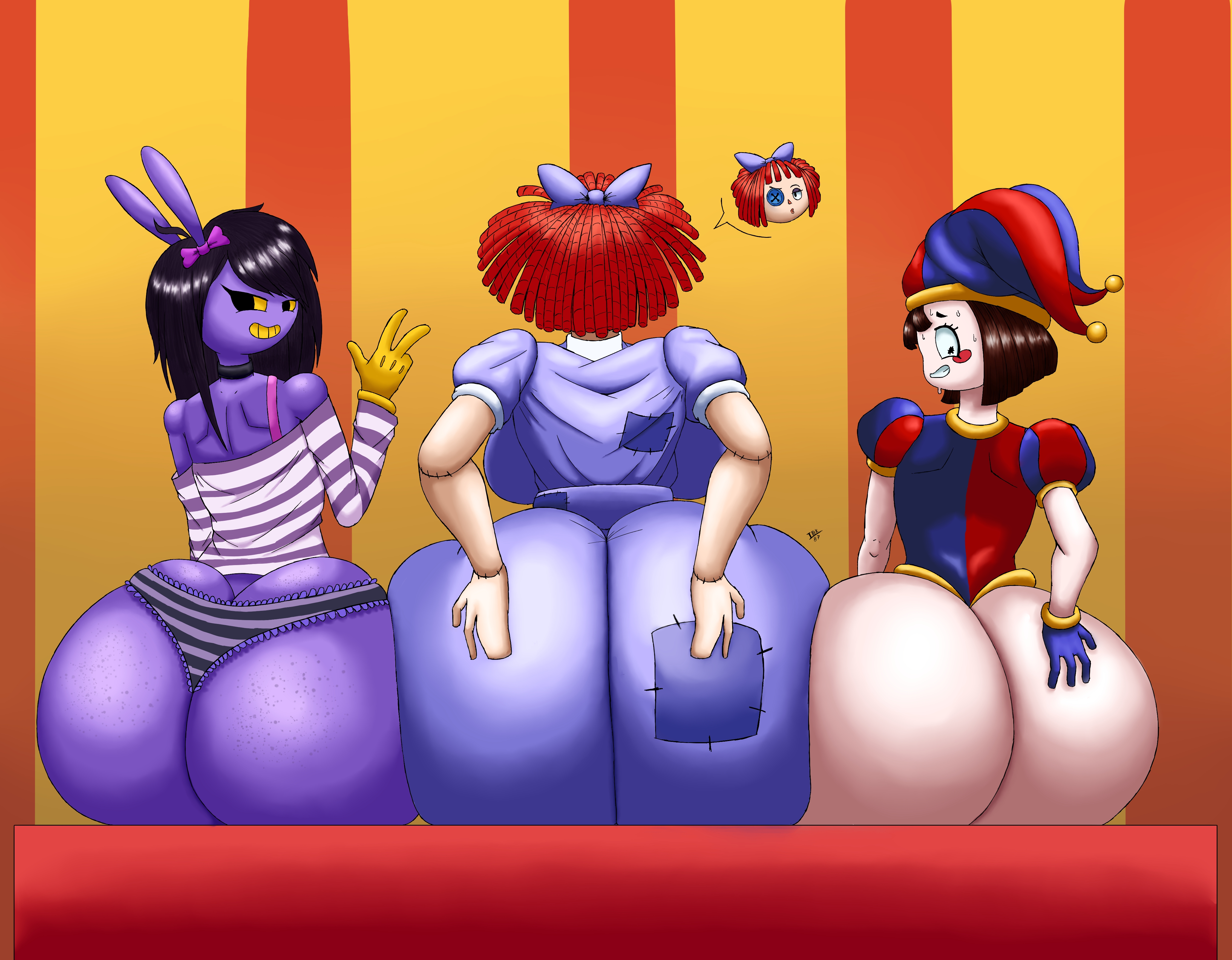 2d, 2d artwork, 3girls, ass, ass bigger than head, ass bigger than torso, ass focus, ass freckles, asses touching, back view, background, big ass, big booty, big breasts, big butt, big hips, black hair, blue clothing, booty, bottom heavy, breasts, brown hair, bubble ass, bubble butt, butt, butt bigger than head, butt bigger than torso, butt focus, child bearing hips, clown, clown costume, clown girl, collar, different hair style, digital circus, doll, doll girl, dress, fat ass, female, female jax, freckles, genderswap, genderswap (mtf), gigantic ass, glitch productions, gloves, gooseworx, gooseworx's post-transition jax design, grabbing ass, hand on ass, hands on ass, hips, huge ass, huge butt, huge hips, hyper ass, jax (the amazing digital circus), large ass, looking at ass, looking at viewer, looking back, lord blackshade 87, massive ass, oversized ass, oversized butt, plapbait, png, pomni, pomni (tadc), pomni (the amazing digital circus), purple dress, purple ribbon, purple skin, rabbit, rabbit humanoid, ragatha, ragatha (tadc), ragatha (the amazing digital circus), red clothing, red hair, ribbon, rule 63, rule63, short hair, signature, simple background, sitting, striped panties, striped shirt, tadc, tagme, take your pick, the amazing digital circus, thick ass, thick hips, trans woman, transfem, transgender, wide hips, yellow eyes