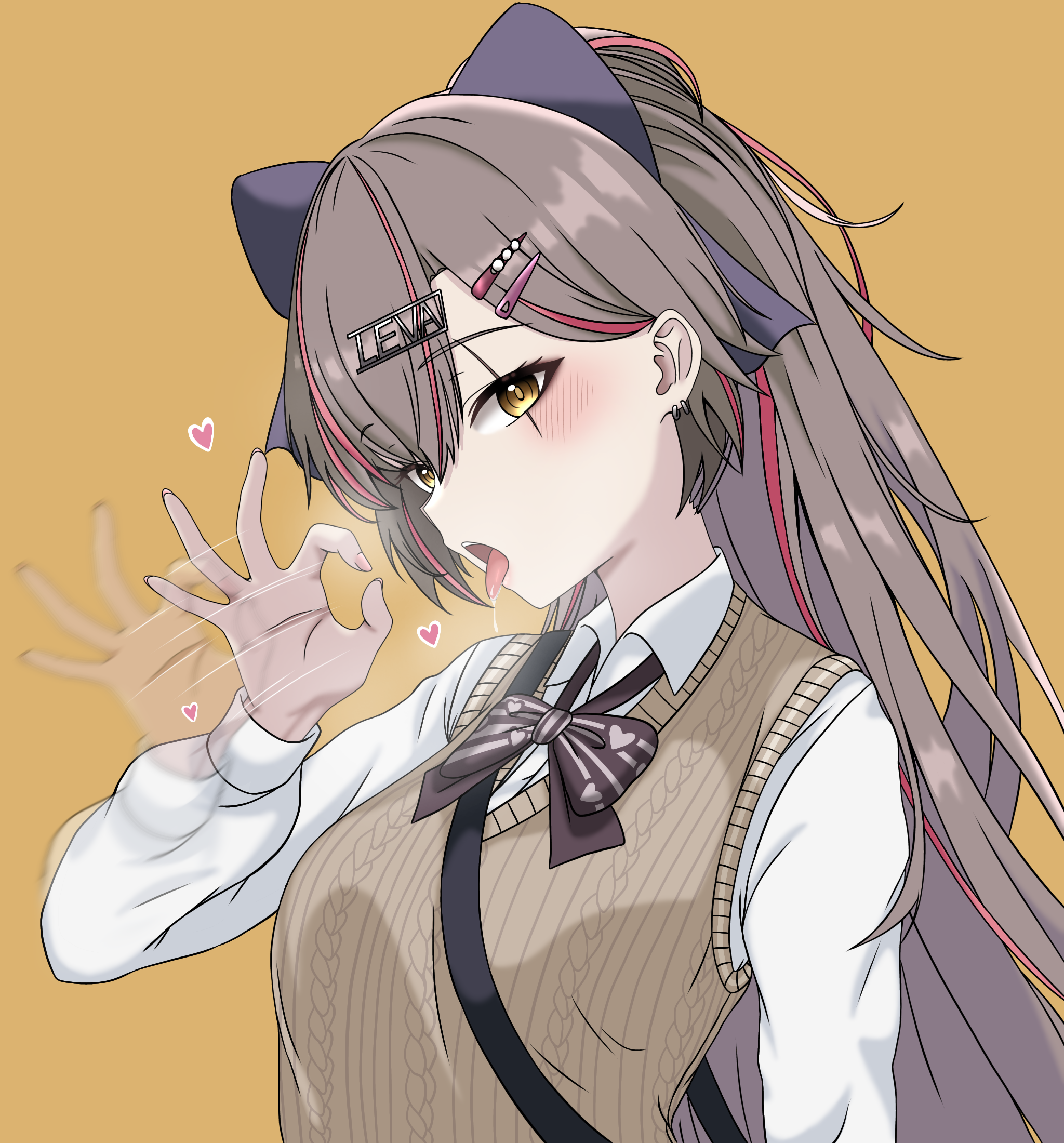 1girls, blowjob gesture, bowtie, clothed, fellatio gesture, girls' frontline, girls' frontline 2: exilium, grey hair, gyaru, hair ornament, hair ribbon, jirai kei, leva (girls' frontline 2), long hair, looking at viewer, ponytail, teasing, teasing viewer, tongue, tongue out, ump45 (girls' frontline), yamato3433, yellow eyes