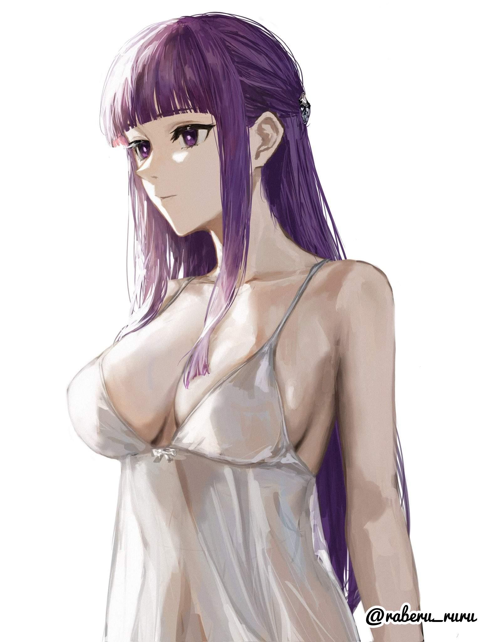 1girls, 2d, 2d (artwork), 2d artwork, adult, adult female, anime, anime character, babydoll, background, big boobs, big breasts, blank background, blank expression, blank eyes, blank stare, blunt bangs, bored, bored expression, breasts, breasts apart, busty, busty female, busty girl, camisole, cleavage, collarbone, digital, digital art, digital drawing, digital drawing (artwork), digital media, digital media (artwork), drawing, emotionless, eyebrows visible through hair, fanart, female, female focus, female only, female protagonist, fern (sousou no frieren), half updo, huge boobs, huge breasts, inframammary fold, large boobs, large breasts, lean figure, long hair, madhouse, mage, mature, mature female, mature woman, monotone background, narrow waist, neutral expression, nipple bulge, one color background, plain background, plump breasts, portrait, purple eyebrows, purple eyes, purple hair, purple-eyed female, purple-haired female, raberu ruru, see-through, see-through clothing, see-through top, shoulders, sidelocks, slender body, slender waist, slim female, slim waist, solid color background, solo, sousou no frieren, standing, upper body, white babydoll, white background, white camisole, white pupils, woman