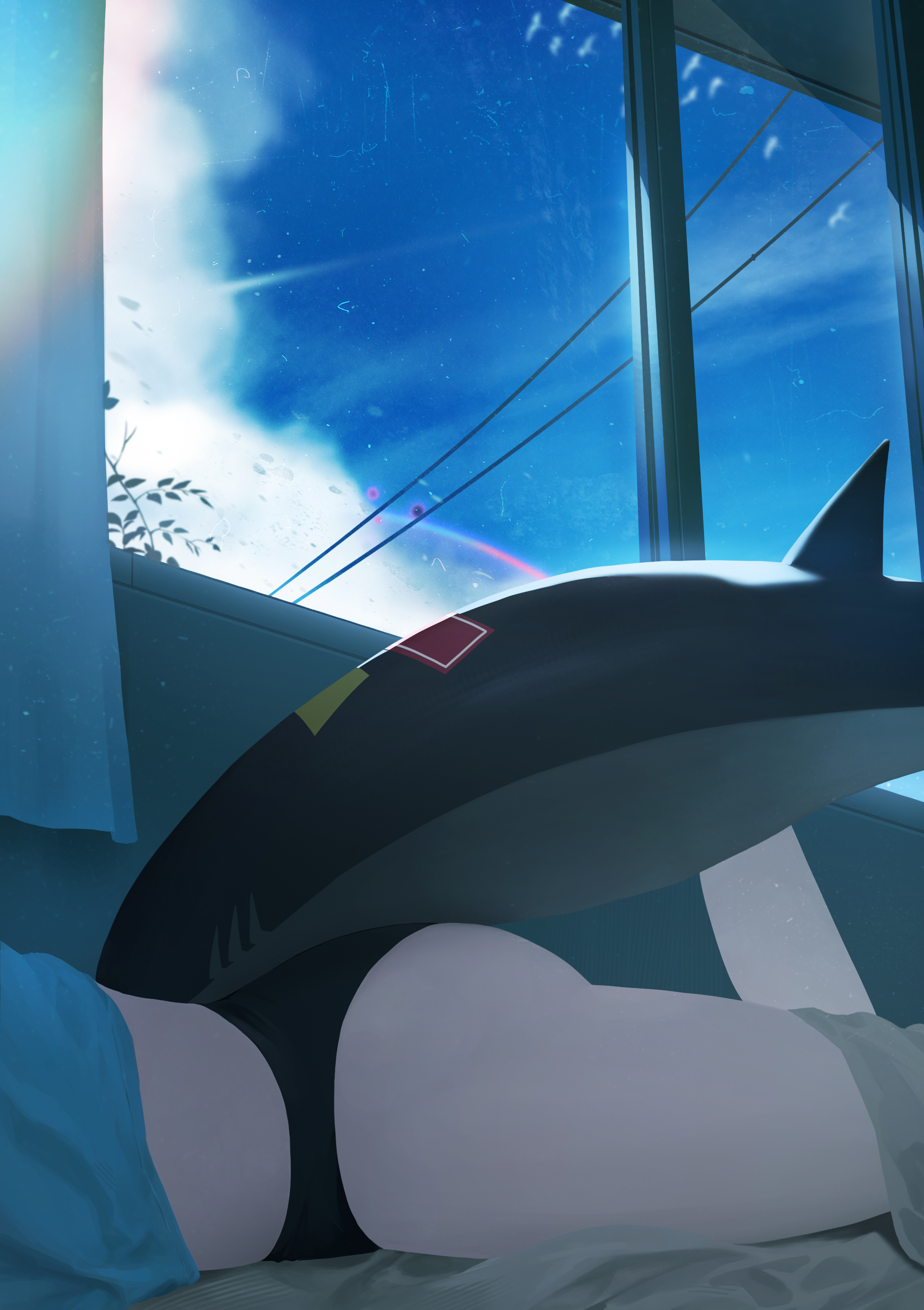 1girl, absurdres, ass, black panties, blue sky, day, ellen joe, fins, fish tail, highres, indoors, leg up, lower body, lying, midfinger, on stomach, panties, shark girl, shark tail, sky, tail, thighs, underwear, zenless zone zero