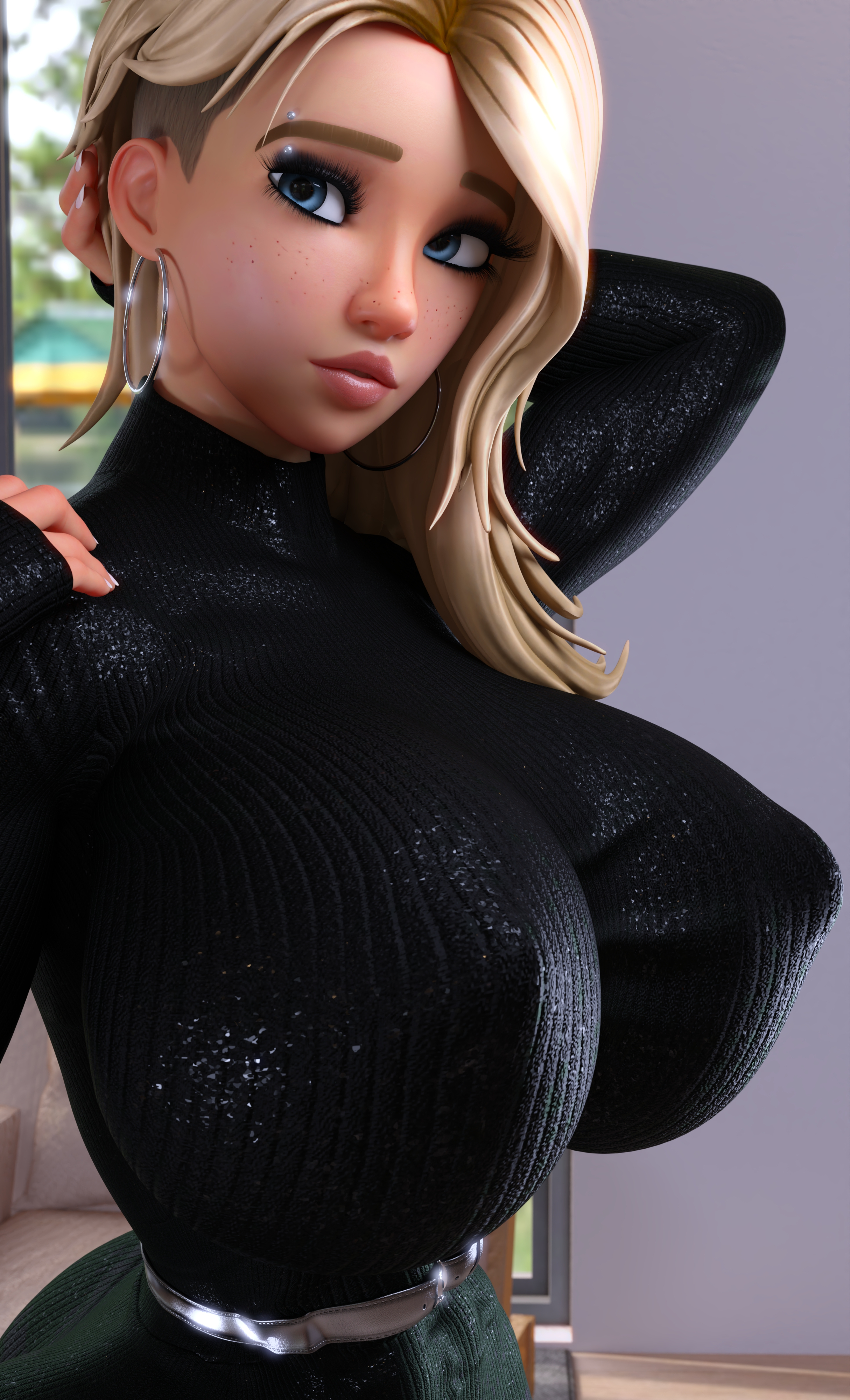 3d, big boobies, big boobs, big breasts, big tits, blonde hair, gwen stacy, gwen stacy (spider-verse), marvel, piercing, rui3delsa, ruichan art, ruidx, ruisensei, scene reference, short hair, sony pictures animation, spider-gwen, spider-man (series), spider-man: into the spider-verse, visible breasts