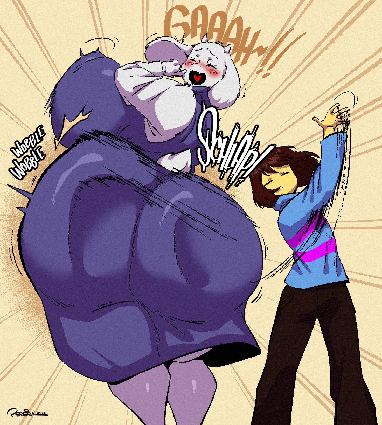 1boy, 1girls, anthro, ass, ass in dress, ass slap, big ass, big breasts, breasts, brown hair, bubble butt, busty, clothing, dress, fat ass, frisk, furry, gluteal fold, huge ass, huge breasts, human, hyper ass, jiggle, jiggling breasts, joaoppereiraus, large ass, large breasts, male, massive ass, milf, mother, rippling ass, secretly loves it, slapping ass, spanking, spanking ass, tail, thick ass, thick thighs, thunder thighs, toriel, undertale, wide hips, wobbling ass