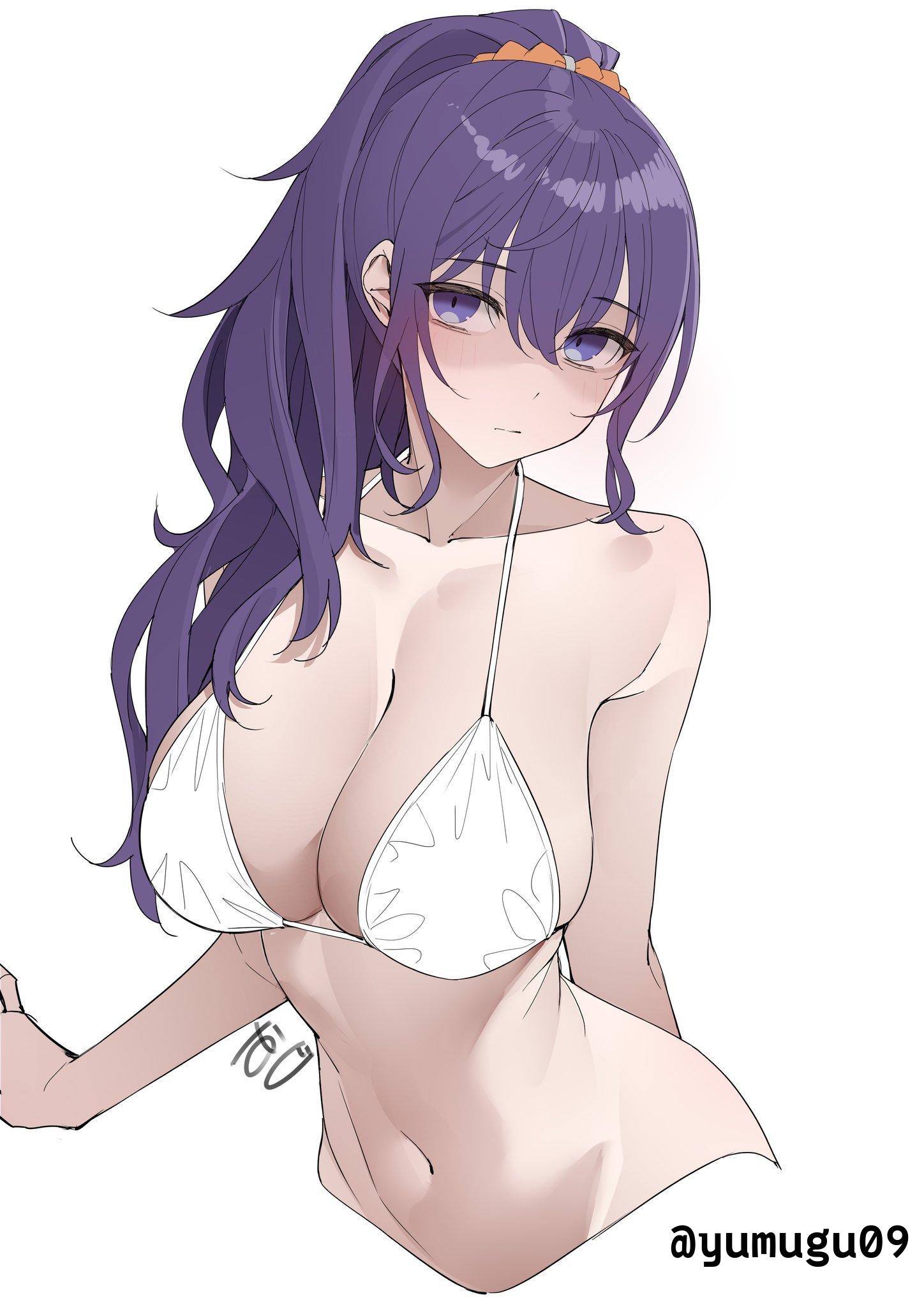 1girls, 2d, 2d (artwork), 2d artwork, almost naked, almost nude, arm behind back, asahina mafuyu, background, bare arms, bare belly, bare chest, bare hands, bare hips, bare midriff, bare navel, bare shoulders, bare skin, belly, belly button, big boobs, big breasts, bikini, bikini only, bikini top, blank background, blank expression, blank eyes, blank stare, breasts, busty, busty female, busty girl, cleavage, collarbone, curvaceous, curvaceous body, curvaceous female, curvaceous figure, curvaceous hips, curvy, curvy body, curvy female, curvy figure, curvy hips, digital, digital art, digital drawing, digital drawing (artwork), digital media, digital media (artwork), drawing, emotionless, exposed, exposed arms, exposed belly, exposed chest, exposed hips, exposed midriff, exposed navel, exposed shoulders, exposed skin, eyebrows visible through hair, female, female focus, female only, fit female, from above, from front, front view, hair between eyes, halterneck, hand behind back, head tilt, high-angle shot, huge boobs, huge breasts, large boobs, large breasts, lean figure, linea alba, long hair, looking at viewer, midriff, monotone background, mostly nude, naked, naked female, naked woman, narrow waist, navel, nearly nude, neutral expression, nude, nude female, nudity, one color background, plain background, plump breasts, ponytail, portrait, practically nude, project sekai, purple eyes, purple hair, purple-eyed female, purple-haired female, shoulders, sidelocks, slender body, slender waist, slim female, slim waist, solid color background, solo, standing, stomach, string bikini, swimsuit, swimwear, tied hair, tilted head, top view, upper body, viewed from above, wavy hair, white background, white bikini, white bikini top, white swimsuit, white swimwear, wide hips