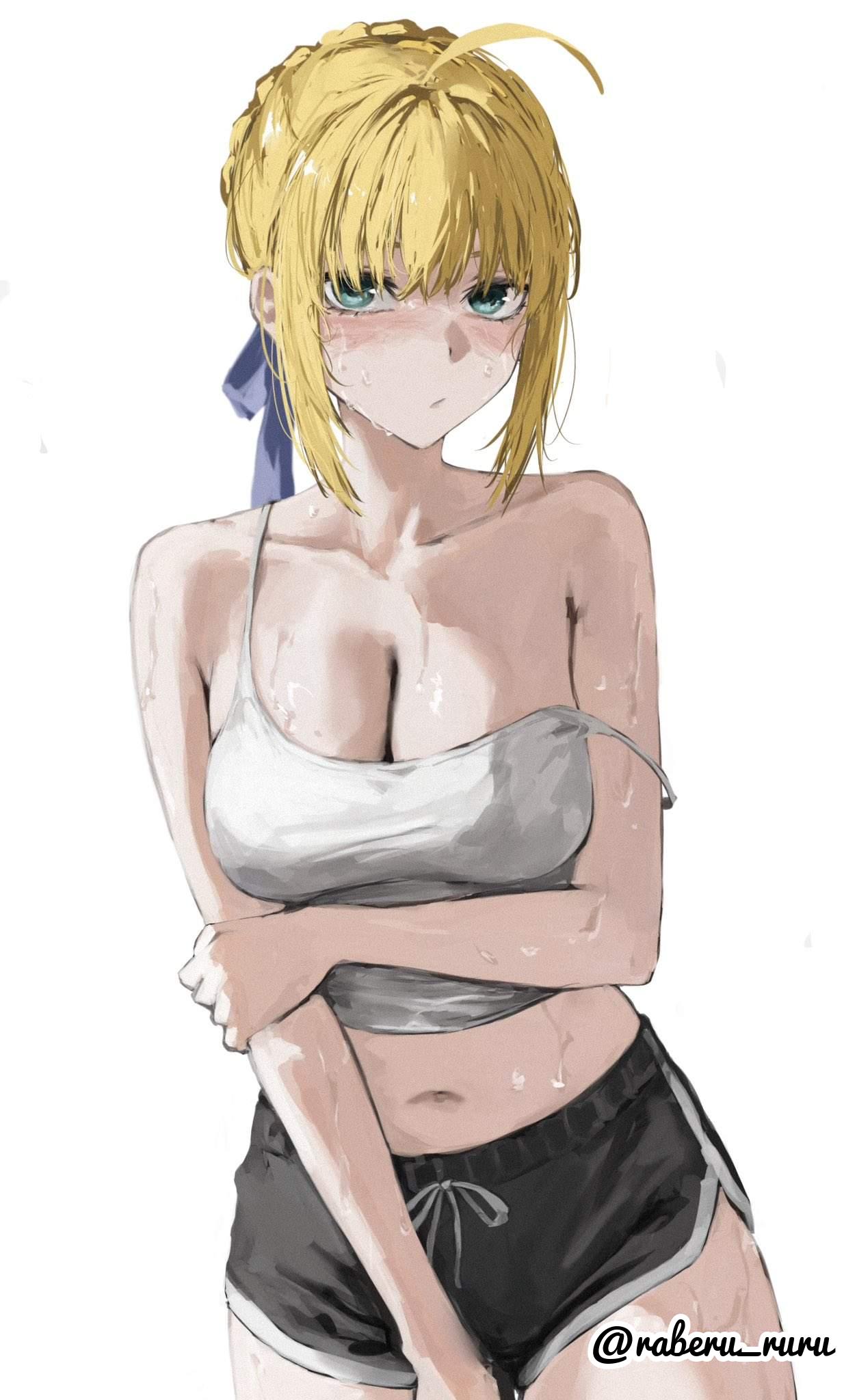 1girls, 2d, 2d (artwork), 2d artwork, ahoge, anime, anime character, arm under breast, arm under breasts, artoria pendragon, background, belly, belly button, big boobs, big breasts, black shorts, blank background, blonde, blonde female, blonde hair, blonde hair female, blonde-haired female, blue hair ribbon, blue hair tie, blue ribbon, blush face, blushing, blushing at viewer, blushing female, breasts, busty, busty female, busty girl, cleavage, collarbone, digital, digital art, digital drawing, digital drawing (artwork), digital media, digital media (artwork), drawing, elbows, fanart, fate (series), fate/grand order, female, female focus, female only, flushed, flushed face, green eyes, green-eyed female, hair between eyes, hair ribbon, hair tie, hand on arm, hand on own arm, large boobs, large breasts, lean figure, looking at viewer, midriff, monotone background, narrow waist, navel, one color background, parted bangs, plain background, portrait, raberu ruru, ribbon, saber, shorts, shoulders, sidelocks, slender body, slender waist, slim female, slim waist, solid color background, solo, standing, sweat, sweat on body, sweat on breasts, sweat on face, sweat on stomach, sweatdrop, sweating, sweaty, sweaty belly, sweaty body, sweaty breasts, sweaty chest, sweaty face, sweaty female, sweaty legs, sweaty thighs, tank top, thick thighs, thighs, topwear, touching arm, upper body, white background, white tank top, white topwear, wide hips