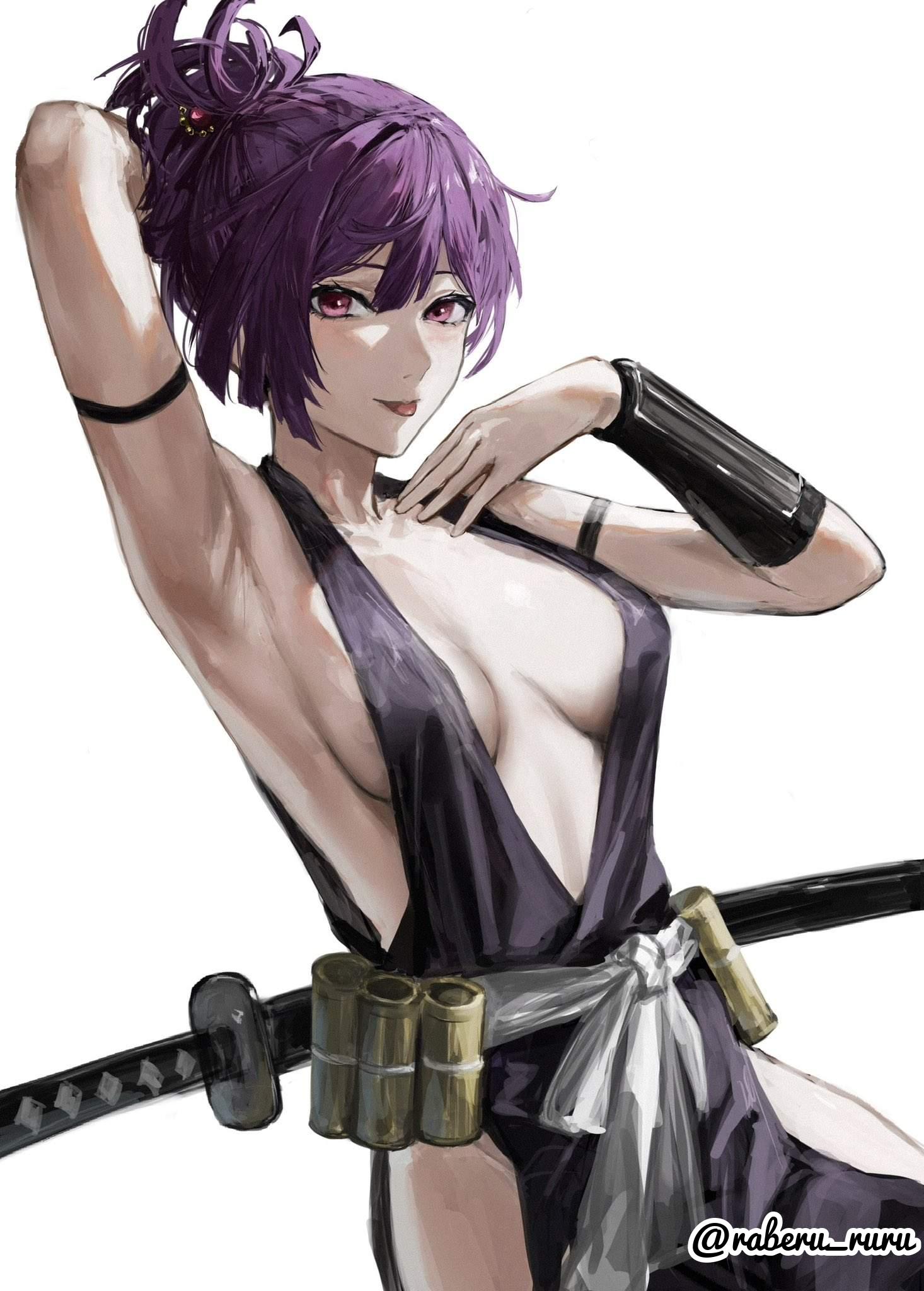 1girls, 2d, 2d (artwork), 2d artwork, adult, adult female, arm behind head, armband, armpit, armpit crease, armpit focus, armpit peek, armpits, background, bare armpits, bare chest, bare hands, bare shoulders, bare skin, big boobs, big breasts, blade, blank background, breasts, breasts apart, busty, busty female, busty girl, closed mouth smile, collarbone, digital, digital art, digital drawing, digital drawing (artwork), digital media, digital media (artwork), drawing, elbows, exposed armpits, exposed chest, exposed shoulders, exposed skin, female, female focus, female only, fingers, fit female, hair between eyes, hairless armpits, hand behind head, hand on chest, hand on own chest, head tilt, inframammary fold, jigokuraku, katana, large boobs, large breasts, lean figure, light smile, linea alba, long hair, looking at viewer, looking sideways, looking to the side, mature, mature female, mature woman, midriff, monotone background, narrow waist, nipple bulge, one color background, pink eyes, pink-eyed female, plain background, ponytail, portrait, posing, posing for the viewer, presenting armpit, purple hair, purple-haired female, raberu ruru, shaved armpits, short ponytail, shoulders, sideboob, slender body, slender waist, slight smile, slim female, slim waist, smile, smiley face, smiling, smiling at viewer, solid color background, solo, standing, sword, thighs, tied hair, tilted head, tongue, tongue out, touching chest, upper body, weapon, white background, woman, yuzuriha (jigokuraku)