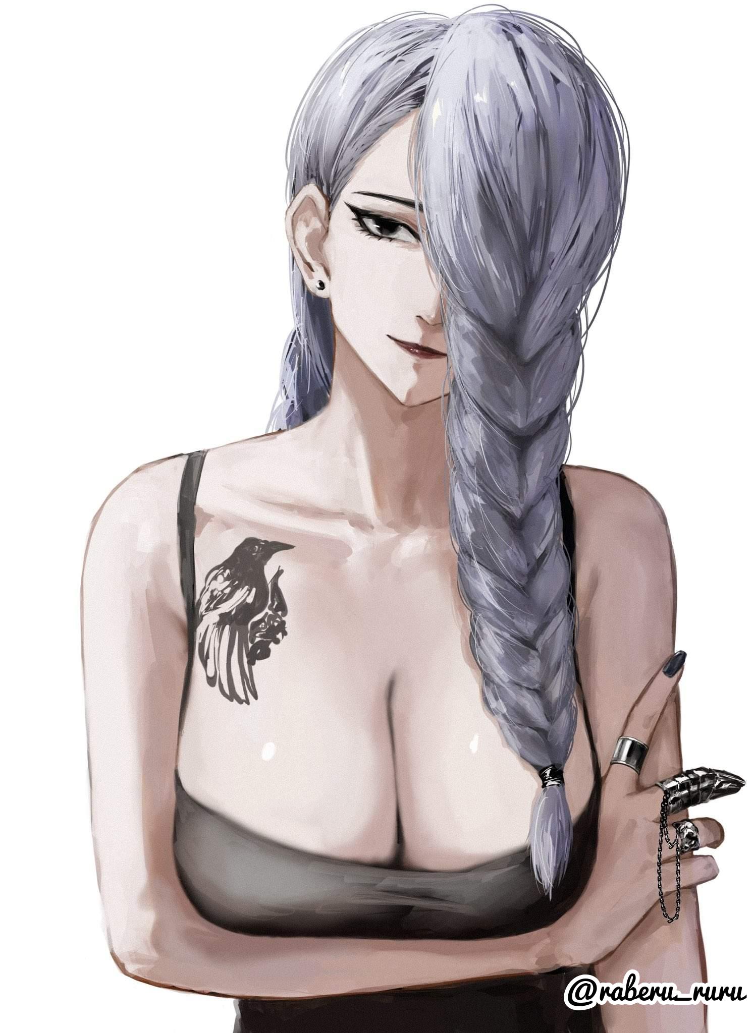 1girls, 2d, 2d (artwork), 2d artwork, adult, adult female, anime, anime character, arm under breast, arm under breasts, background, big boobs, big breasts, black eyes, black fingernails, black nail polish, black nails, black tank top, black topwear, black-eyed female, blank background, braid, braided hair, braids, breasts, busty, busty female, busty girl, chest tattoo, cleavage, closed mouth smile, collarbone, digital, digital art, digital drawing, digital drawing (artwork), digital media, digital media (artwork), drawing, ear piercing, ear piercings, elbows, fanart, female, female focus, female only, fingernails, fingers, grey hair, grey-haired female, head tilt, jujutsu kaisen, large boobs, large breasts, lean figure, light smile, long hair, looking at viewer, mappa, mature, mature female, mature woman, mei mei (jujutsu kaisen), monotone background, nail polish, nails, narrow waist, one color background, pierced ear, pierced ears, plain background, portrait, raberu ruru, ring, shiny breasts, shiny skin, shoulders, shueisha, silver hair, silver hair female, silver-haired female, single braid, skindentation, slender body, slender waist, slight smile, slim female, slim waist, smile, smiley face, smiling, smiling at viewer, solid color background, solo, standing, tank top, tattoo, tattoo on chest, tattooed, tattooed chest, tattooed female, tattooed girl, tied hair, tilted head, topwear, upper body, weekly shonen jump, white background, woman
