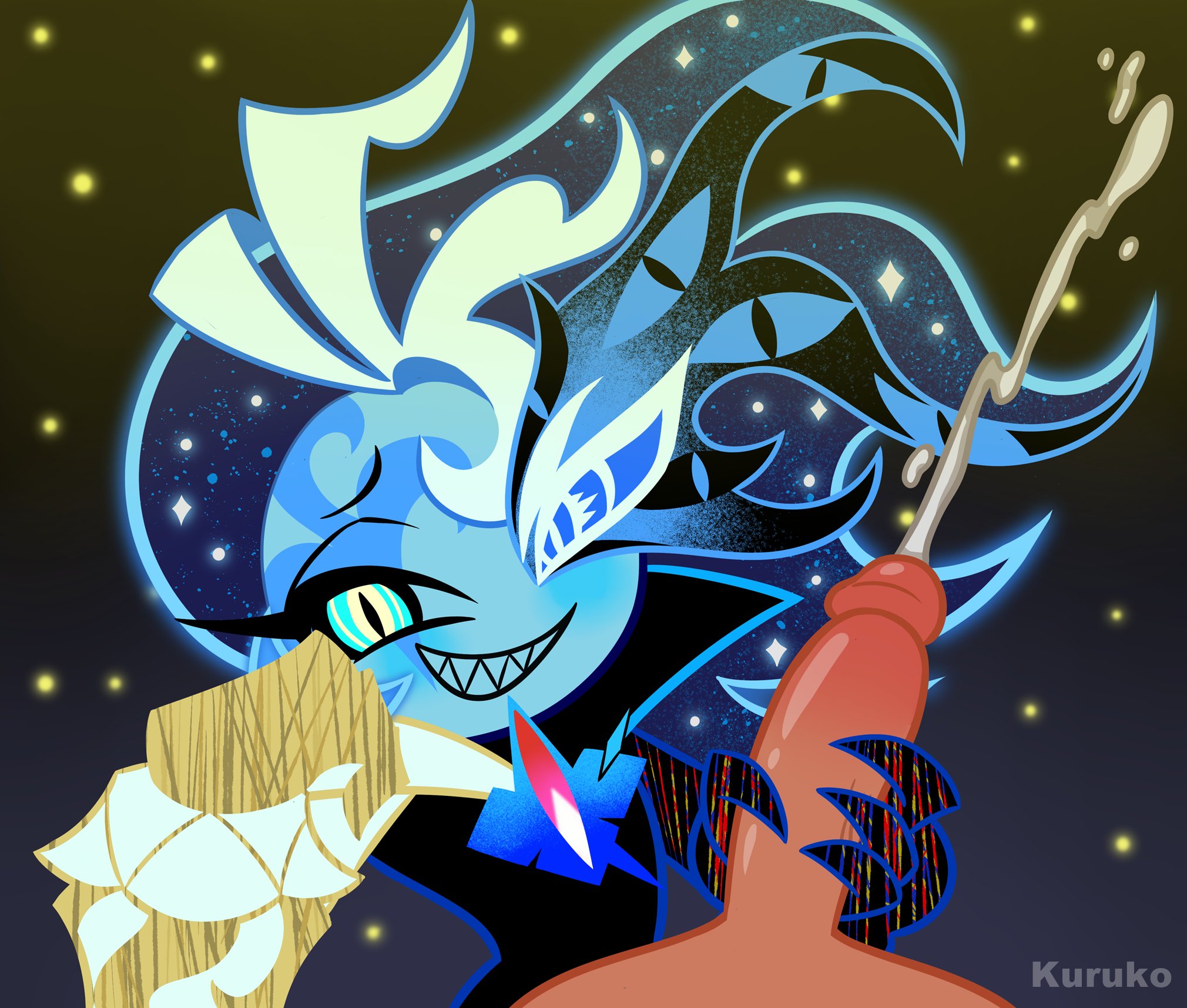 1boy, 1boys, 2boys, cookie run, cookie run kingdom, cum, cumming, dick, ejaculation, gay, giving handjob, handjob, kuruko, looking at viewer, nonchalant, pov, shadow milk cookie, smug grin, yaoi
