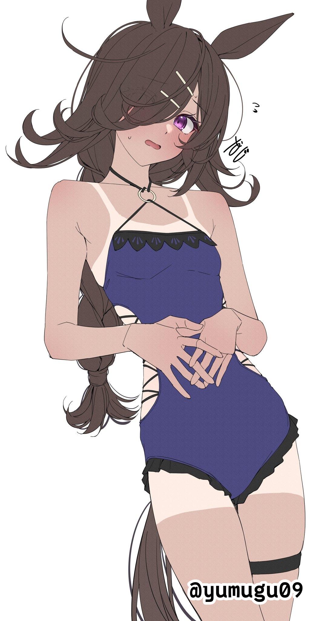 1girls, 2d, 2d (artwork), 2d artwork, animal ears, ashamed, background, bare armpits, bare arms, bare chest, bare hands, bare legs, bare shoulders, bare skin, bare thighs, bikini, bikini tan, blank background, blue bikini, blue one-piece swimsuit, blue swimsuit, blue swimwear, blush face, blush lines, blushing, blushing at viewer, blushing female, blushing lines, braid, braided hair, braided ponytail, braids, breasts, brown hair, brown skin, brown skinned female, brown-haired female, brown-skinned female, collarbone, digital, digital art, digital drawing, digital drawing (artwork), digital media, digital media (artwork), drawing, elbows, embarrassed, embarrassed expression, embarrassed female, exposed armpits, exposed arms, exposed chest, exposed legs, exposed shoulders, exposed skin, exposed thighs, eyebrows visible through hair, female, female focus, female only, fingers, flushed, flushed face, flustered, flustered female, groin, hair clip, hair clips, hair covering eye, hair over eye, hair over one eye, hairclip, hairclips, head tilt, horse ears, horse girl, horse tail, lean figure, legs closed, legs together, long hair, looking at viewer, looking down, looking down at viewer, monotone background, narrow waist, one color background, one piece swimsuit tan, one-piece swimsuit, one-piece tan, open mouth, parted lips, petite, petite body, petite breasts, petite female, petite girl, petite tits, plain background, portrait, purple eyes, purple-eyed female, rice shower (umamusume), shoulders, single braid, slender body, slender waist, slim female, slim waist, small boobs, small breasts, small tits, solid color background, solo, standing, swimsuit, swimsuit tan, swimwear, tan, tan body, tan chest, tan legs, tan line, tan lines, tan skin, tan skinned female, tanned, tanned body, tanned breasts, tanned female, tanned girl, tanned skin, thighband, thighs, thighs together, tied hair, tilted head, tiny breasts, tiny tits, tongue, umamusume, upper body, white background