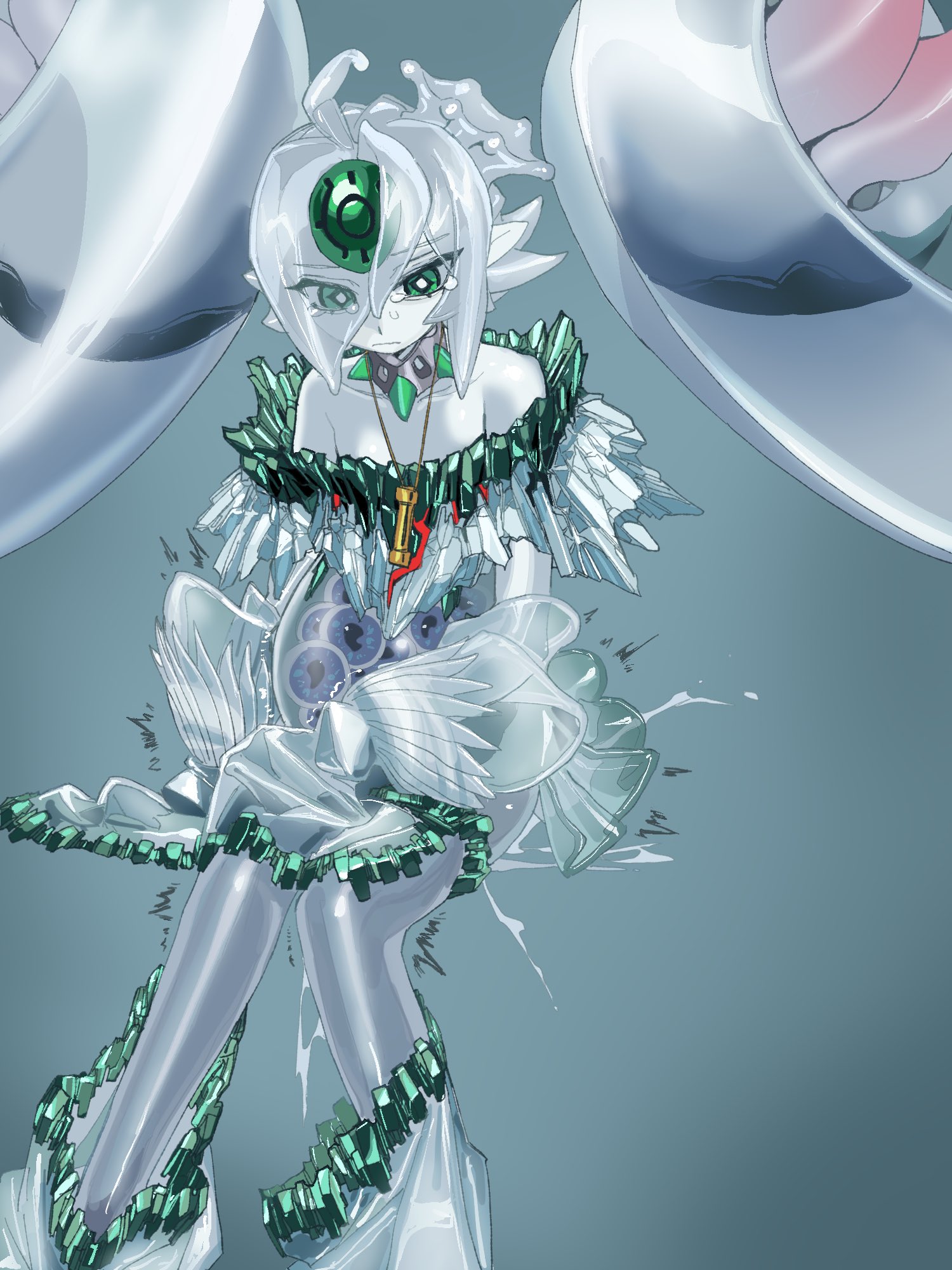 1girls, bare shoulders, big belly, bump, clothing, crying, duel monster, egg laying, eggnant, eggs, female, female only, fetal movement, green eyes, hair over one eye, hand on belly, icejade aegirine, icejade gymir aegirine, in utero, monster girl, murasaki kagami, nzla03, orrdriver, pale skin, pale-skinned female, pregnant, pussy juice, sitting, skinny legs, slim, slim female, slim waist, slime girl, small breasts, solo, solo female, solo focus, stomach bulge, sweat, sweatdrop, tears, thin thighs, translucent body, transparent, transparent body, trembling, twintails, x-ray, yu-gi-oh!