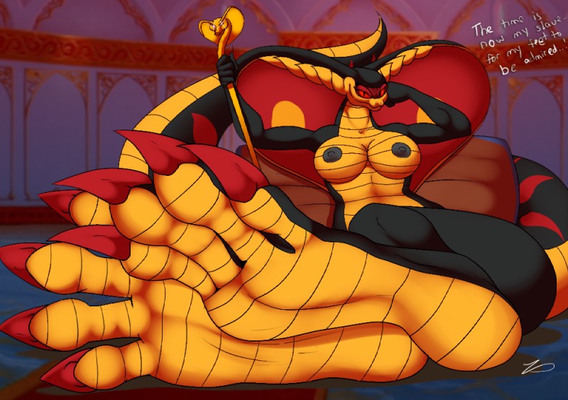 4_toes aladdin breasts cane claws cobra disney female hindpaw hypnotizing_viewer jafar long_toes looking_at_viewer nipples nude paws pillow reptile rule_63 scalie snake soles solo solo_female toes what zp92