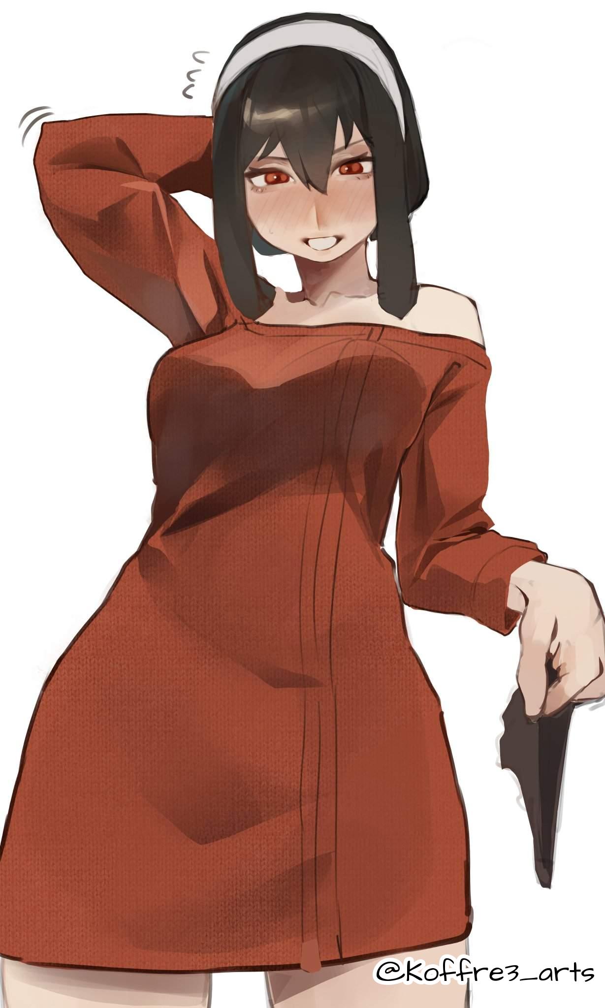 1girls, 2d, 2d (artwork), 2d artwork, adoptive mother, adult, adult female, anime, anime character, anime milf, arm behind head, background, black hair, black panties, black underwear, black-haired female, blank background, breasts, busty milf, cloverworks, collarbone, curvy, curvy body, curvy female, curvy figure, curvy hips, curvy milf, digital, digital art, digital drawing, digital drawing (artwork), digital media, digital media (artwork), drawing, fanart, female, female focus, female only, female protagonist, fingers, from below view, from front, front view, hair between eyes, hairband, hand behind head, hot milf, koffre3 arts, large breasts, lean figure, long hair, looking at viewer, looking down, looking down at viewer, low angle view, low-angle shot, mature, mature female, mature woman, milf, monotone background, mother, narrow waist, nervous, nervous expression, nervous face, nervous female, nervous smile, one color background, panties, panties removed, parted lips, plain background, portrait, posing, posing for the viewer, red eyes, red sweater, red topwear, red-eyed female, shonen jump, shoulders, shy, shy expression, shy female, shy girl, shy smile, sidelocks, slender body, slender waist, slim female, slim waist, smile, smiley face, smiling, smiling at viewer, solid color background, solo, spy x family, standing, sweater, thick thighs, thigh gap, thighs, top view, topwear, underwear, underwear removed, upper body, view from below, viewed from below, vy, white background, white hairband, wide hips, wit studio, woman, yor briar, yor forger, young looking female, young milf, young woman and milf