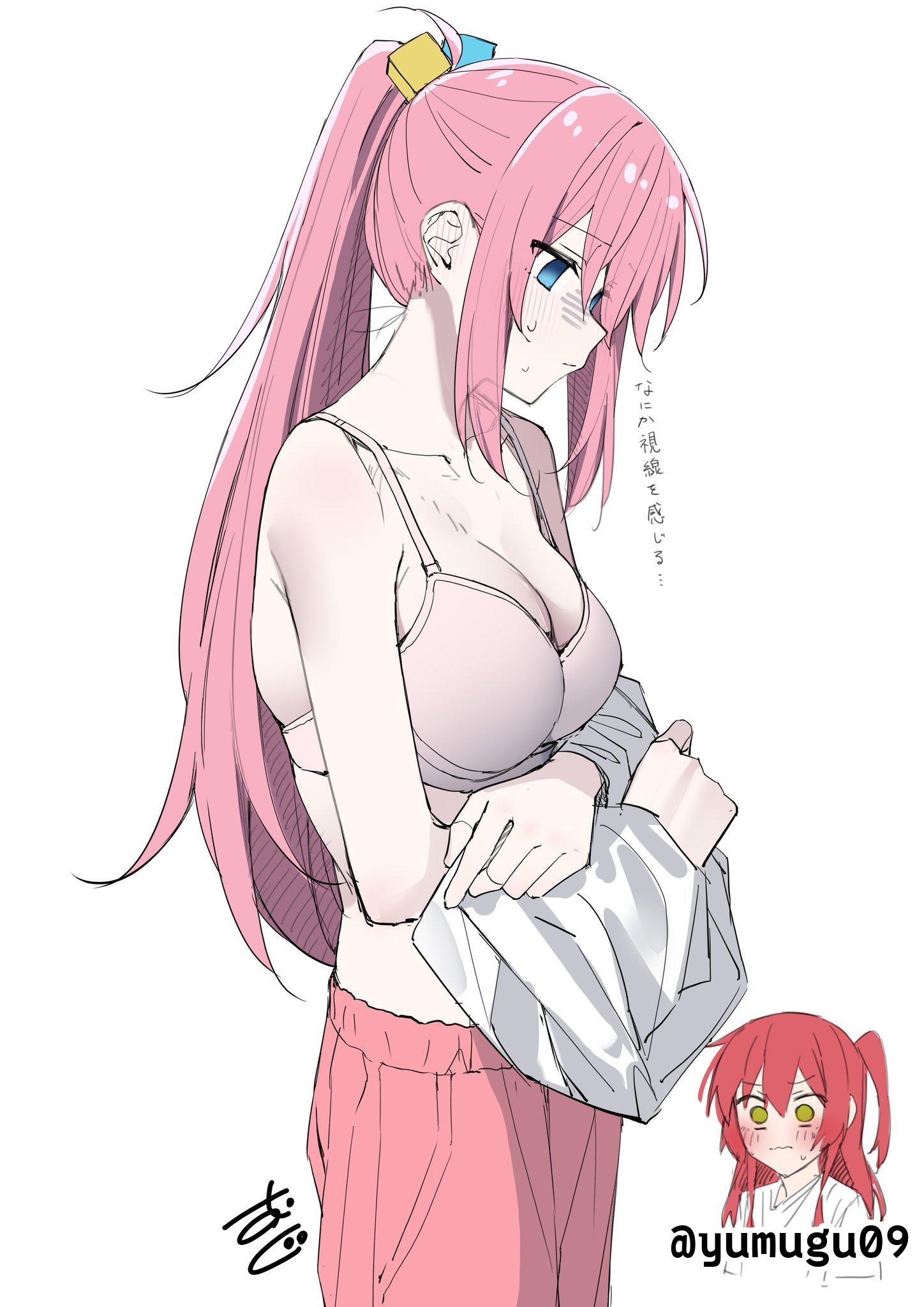 2d, 2d (artwork), 2d artwork, 2girls, alternative hairstyle, background, big boobs, big breasts, blank background, blush face, blush lines, blushing, blushing at another, blushing at partner, blushing female, blushing lines, bocchi the rock!, bra, breasts, busty, busty female, busty girl, busty teen, busty teenager, cleavage, collarbone, digital, digital art, digital drawing, digital drawing (artwork), digital media, digital media (artwork), drawing, elbows, exposed, exposing, exposing breasts, exposing chest, exposing self, eyebrows visible through hair, female, female focus, female only, fingers, flushed, flushed face, from side, gotou hitori, hair between eyes, half naked, half nude, head tilt, high school student, large boobs, large breasts, lean figure, long hair, monotone background, multiple females, multiple girls, naked, naked female, naked woman, narrow waist, nude, nude female, nudity, one color background, pants, partially undressed, pink pants, plain background, ponytail, portrait, presenting breasts, profile, revealing breasts, school girl, school girls, schoolgirl, semi nude, shoulders, showing breasts, showing chest, side view, sidelocks, skindentation, slender body, slender waist, slim female, slim waist, solid color background, standing, teen girl, teenage female, teenage girl, teenage girls, teenage tits, teenager, three-quarter view, tied hair, tilted head, top view, trousers, underwear, undressing, undressing self, upper body, white background, white bra, white underwear, young female, young woman