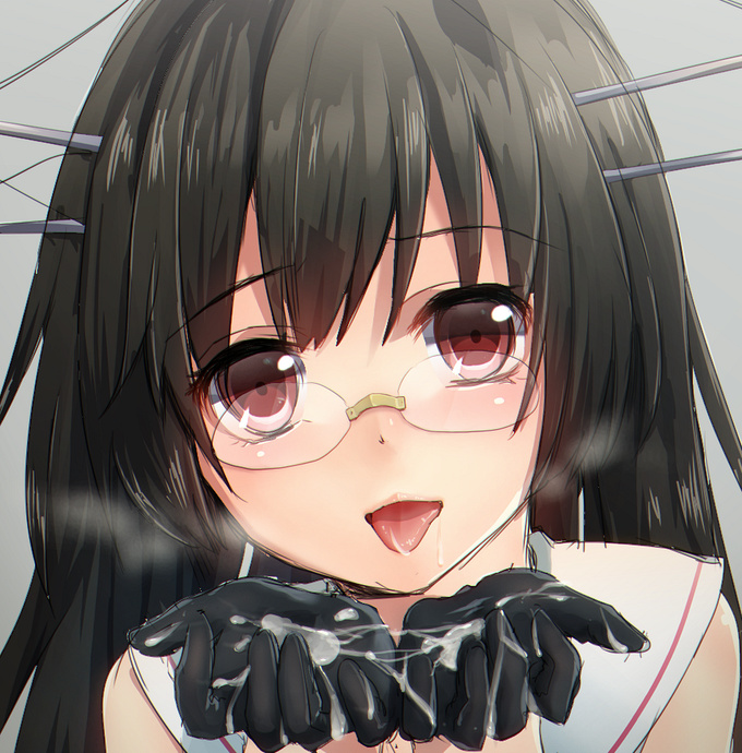 after_fellatio black_gloves black_hair blush choukai_(kantai_collection) cum cum_on_gloves face female glasses gloves headgear kantai_collection kirito_(tundereyuina) long_hair looking_at_viewer red_eyes solo tongue tongue_out