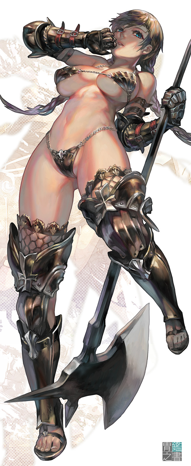 1girls aoin armor axe bikini blonde_hair blue_eyes boots cleavage female gloves navel solo standing straps thigh_boots twin_braids upshot weapon