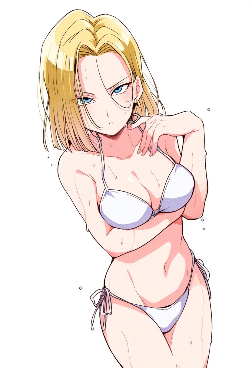 android_18 arm_under_breasts ass_visible_through_thighs bare_arms bare_belly bare_legs bare_shoulders bare_thighs belly_button big_breasts bikini blonde_hair blue_eyes blush breasts cleavage closed_mouth collarbone dragon_ball jei_games short_hair side-tie_bikini_bottom thighs wet_body white_bikini