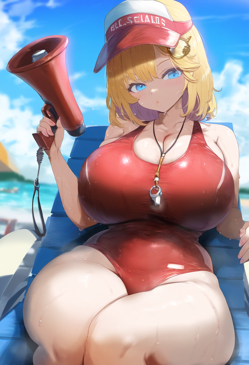 ai_generated ameanon big_breasts blonde_hair blue_eyes breasts cleavage female hololive hololive_english hololive_myth huge_breasts large_breasts lifeguard lifeguard_swimsuit one-piece_swimsuit red_swimsuit sideboob sitting sweat thick_thighs virtual_youtuber visor visor_cap vtuber watson_amelia whistle