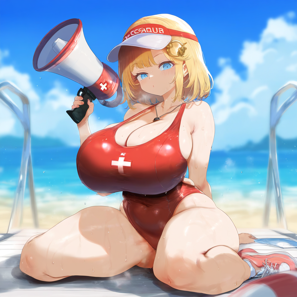 ai_generated ameanon big_breasts blonde_hair blue_eyes breasts cleavage female hololive hololive_english hololive_myth huge_breasts large_breasts lifeguard lifeguard_swimsuit one-piece_swimsuit red_swimsuit sideboob sitting sweat thick_thighs virtual_youtuber visor visor_cap vtuber watson_amelia whistle