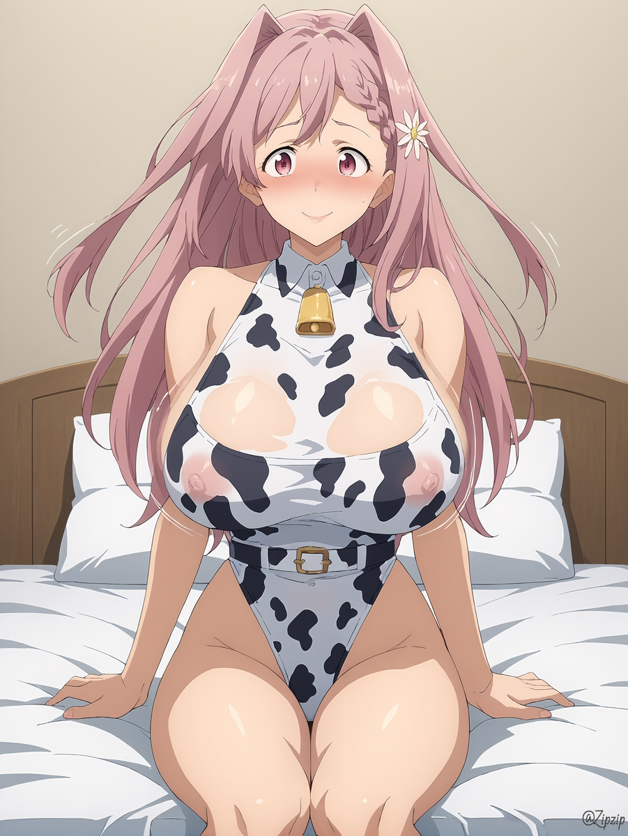 ai_generated big_breasts blushing_at_viewer breasts cow_costume cow_girl enormous_breasts faceless_male himemiya_karen large_breasts long_hair make_heroine_ga_oo_sugiru! nipples nude_female pink_eyes pink_hair pov schoolgirl zipzip